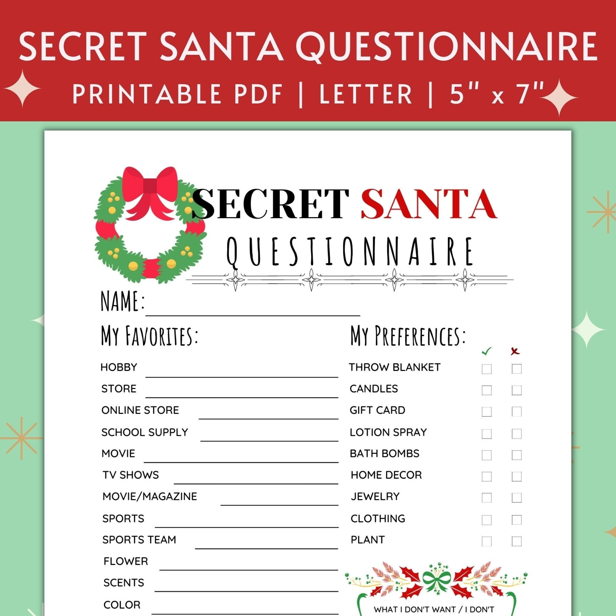 Printable Secret Santa Questionnaire For Christmas Gift Exchange Questions 5x7 Work Secret Santa Info Cards Secret Santa Christmas Wish List Etsy