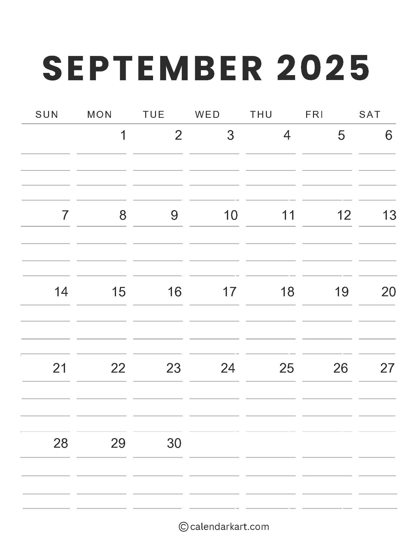 September 2025 Calendar No Sundays Printable