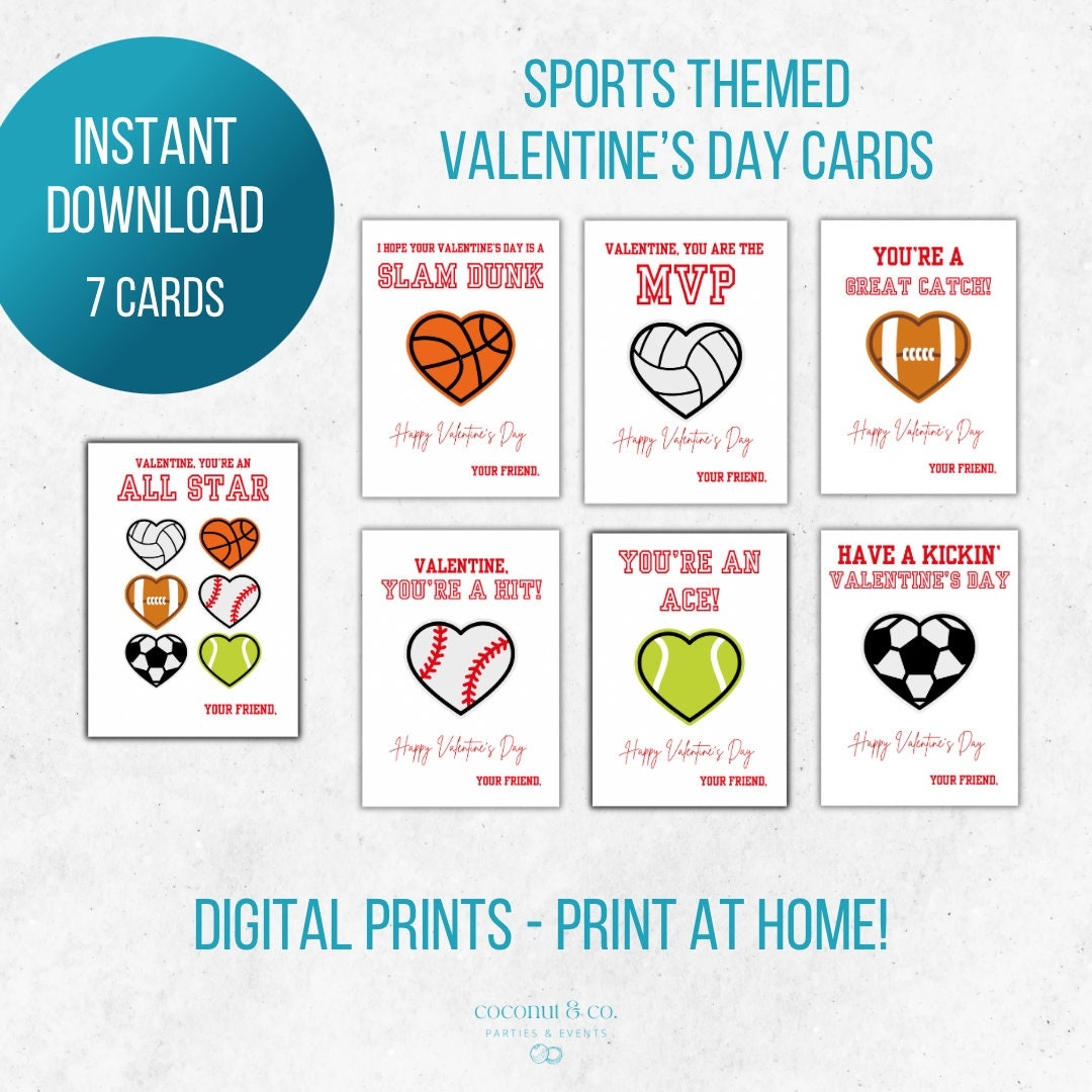 Printable Sports Themed Valentine s Day Cards Sports Valentines Day Kids Classroom Valentine s Day Cards Printable Valentines Etsy
