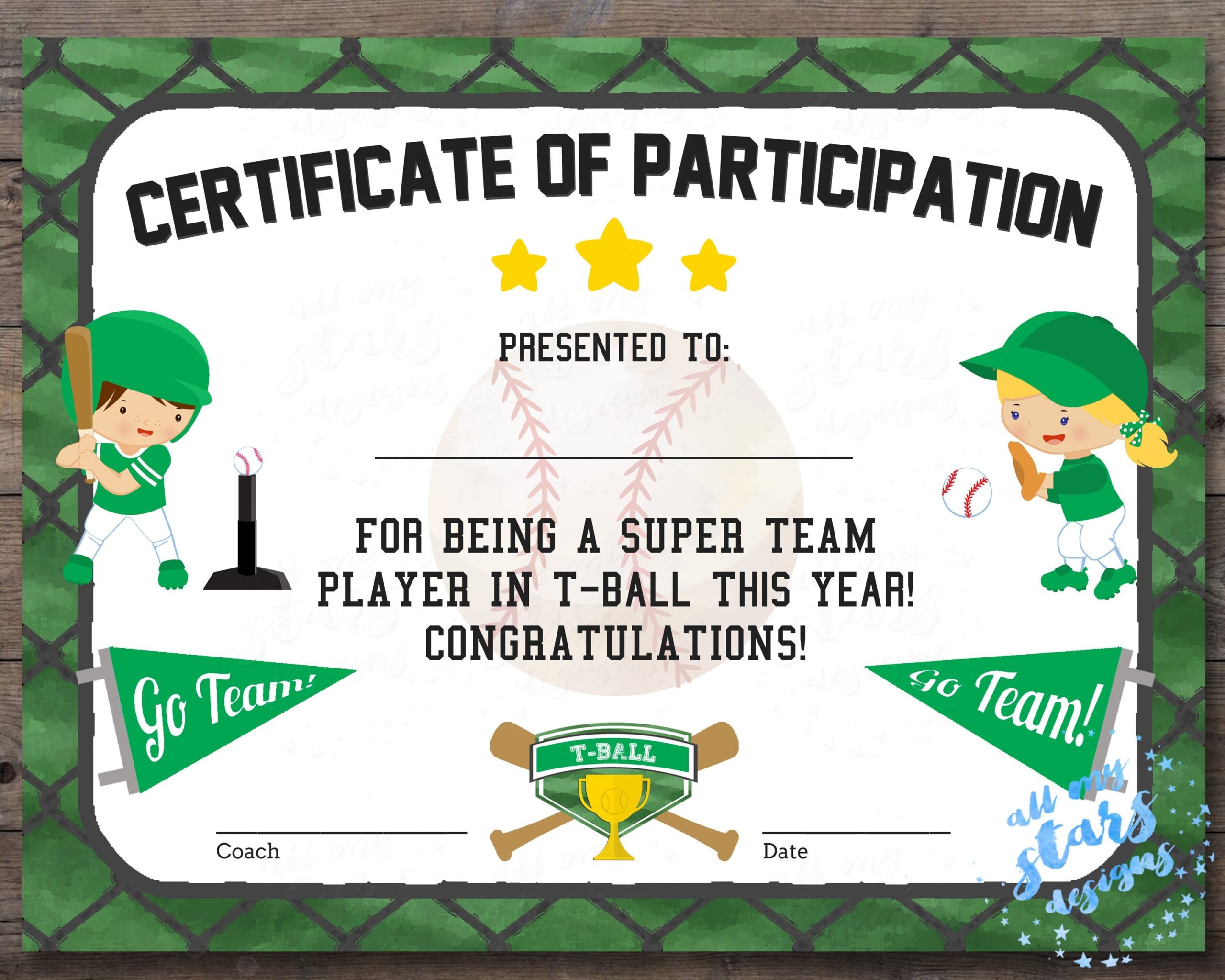 Printable T ball Participation Certificate Sports Award INSTANT DOWNLOAD PDF With Fillable Fields T ball Award Green Team Colors Etsy