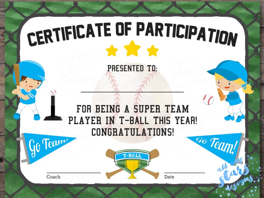 Printable T ball Participation Certificate Sports Award INSTANT DOWNLOAD PDF With Fillable Fields T ball Award Light Blue Team Colors Etsy