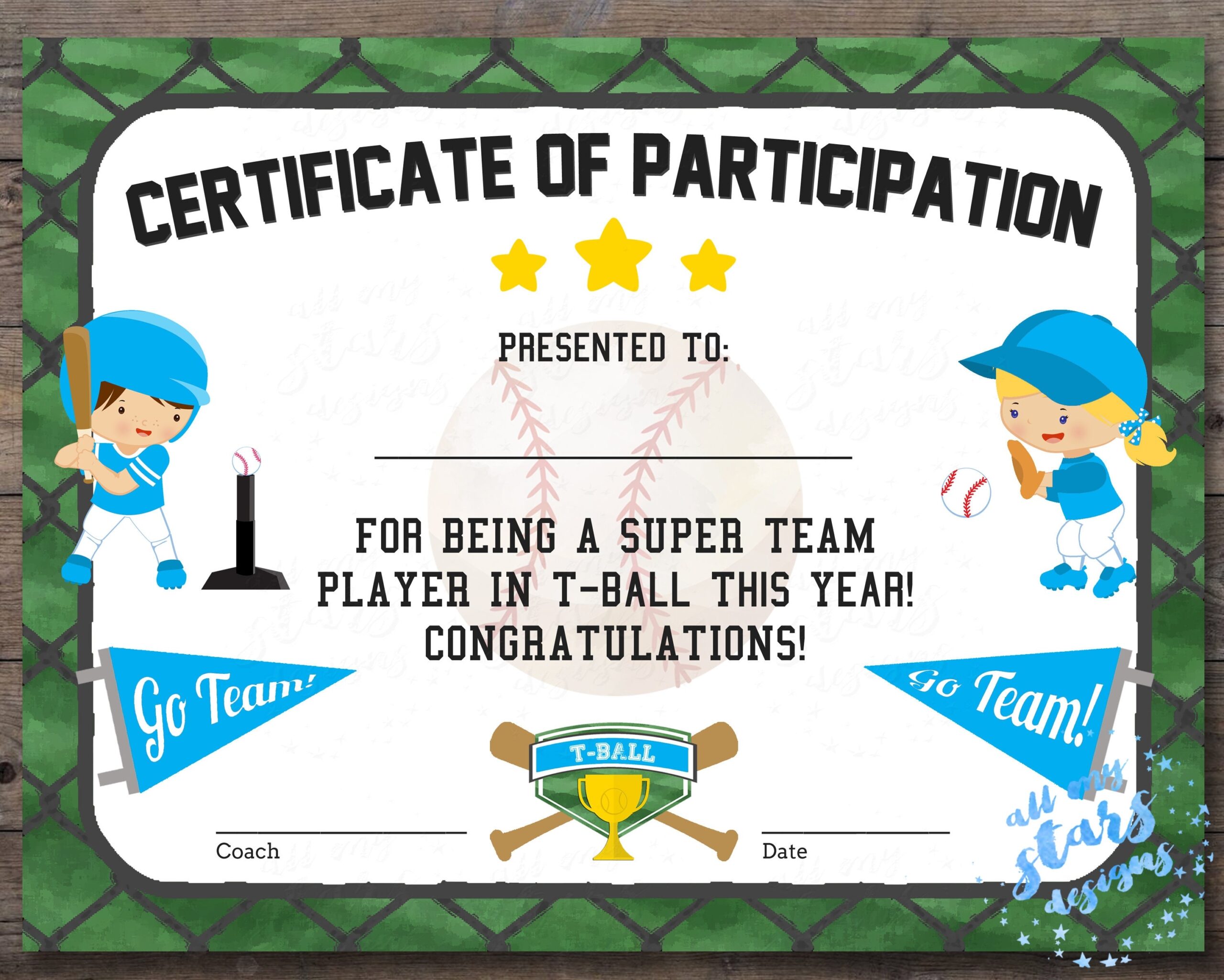 Printable T ball Participation Certificate Sports Award INSTANT DOWNLOAD PDF With Fillable Fields T ball Award Light Blue Team Colors Etsy