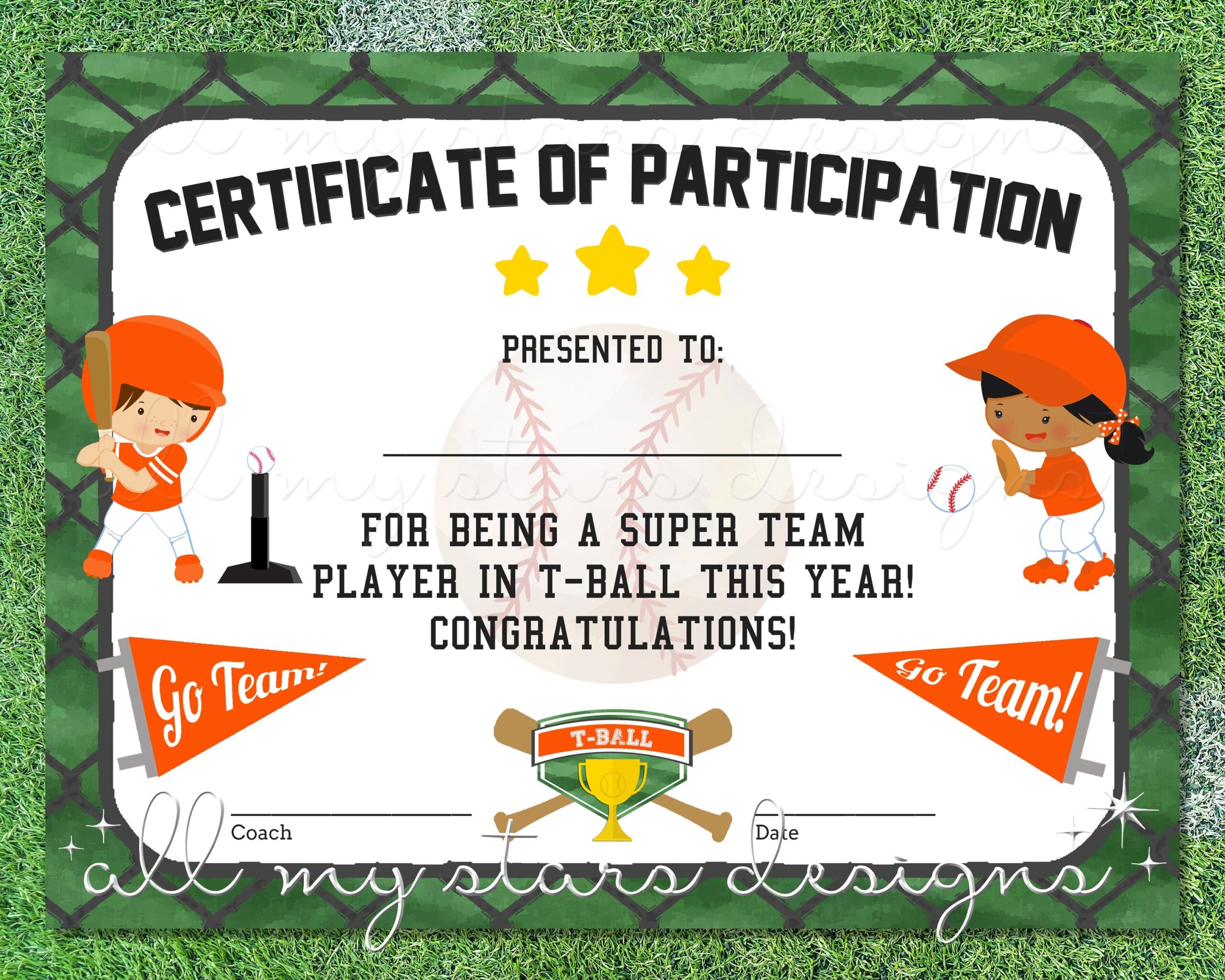 Printable T ball Participation Certificate Sports Award INSTANT DOWNLOAD PDF With Fillable Fields T ball Award Orange Team Colors Etsy