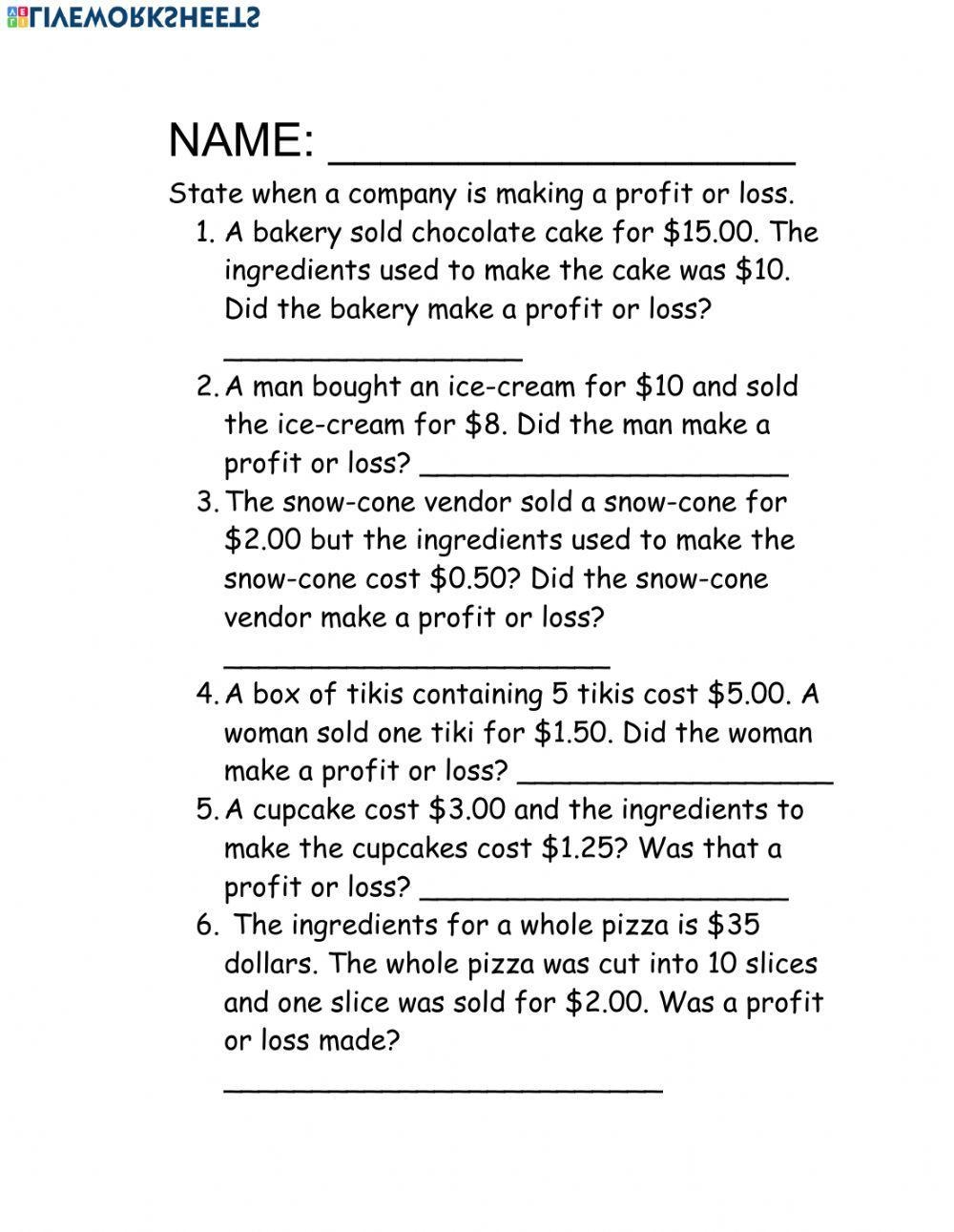 Profit Or Loss Scenarios Worksheet Live Worksheets Worksheets Library