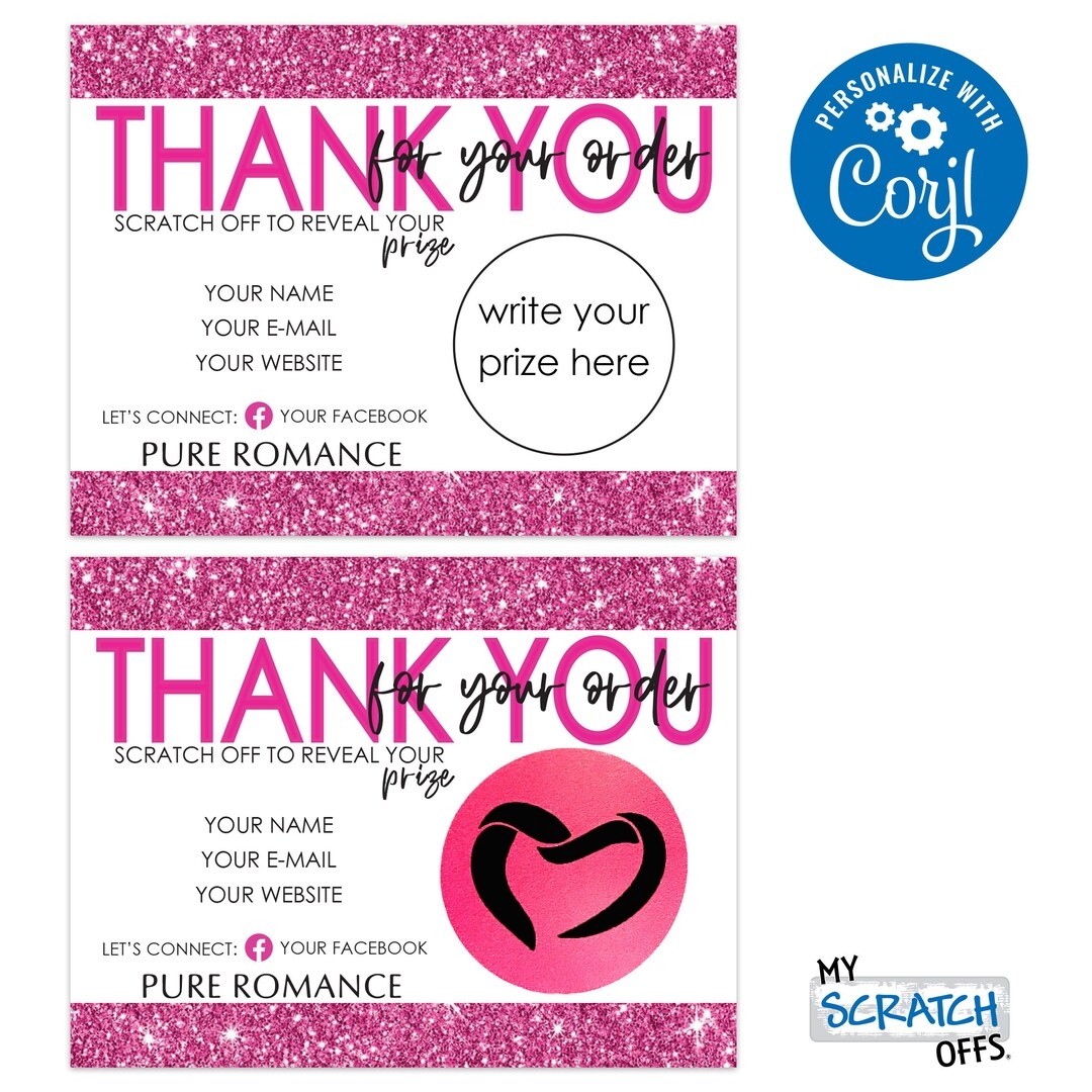 Pure Romance Thank You Scratch Off Cards Giveaway Discounts BOGO Passion Party Promotion DIY Printable Digital Download Corjl CUSTOM Event Etsy