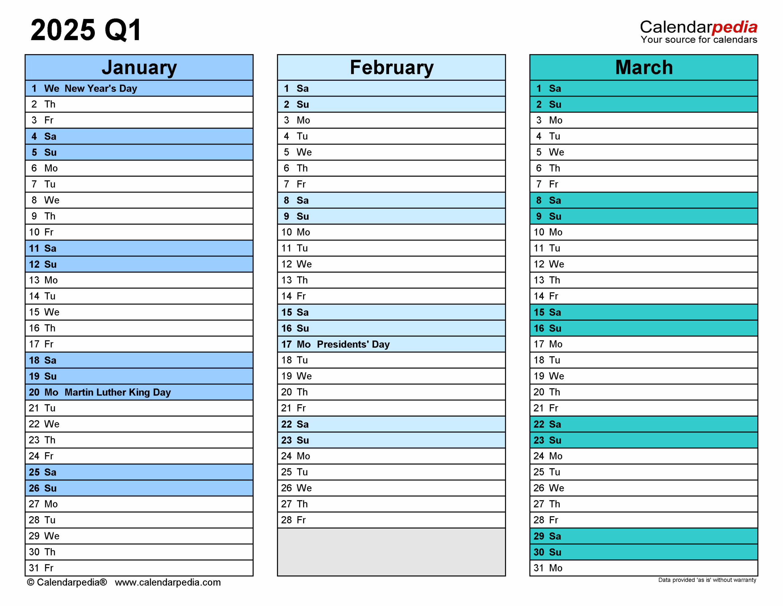 Printable 2025 Quarterly Calendar With Holidays