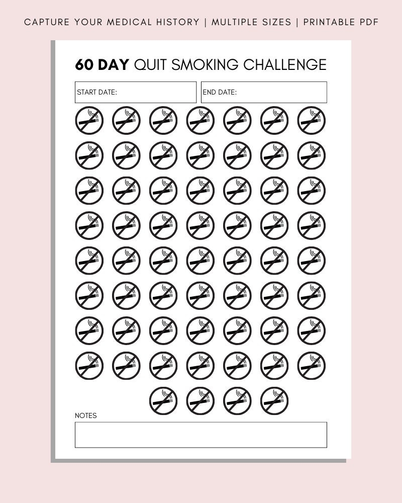 Quit Smoking Printable Challenge Stop Smoking Tracker 60 Day Challenge Stop Smoking Planner Printable Quit Smoking Quit Smoking Etsy