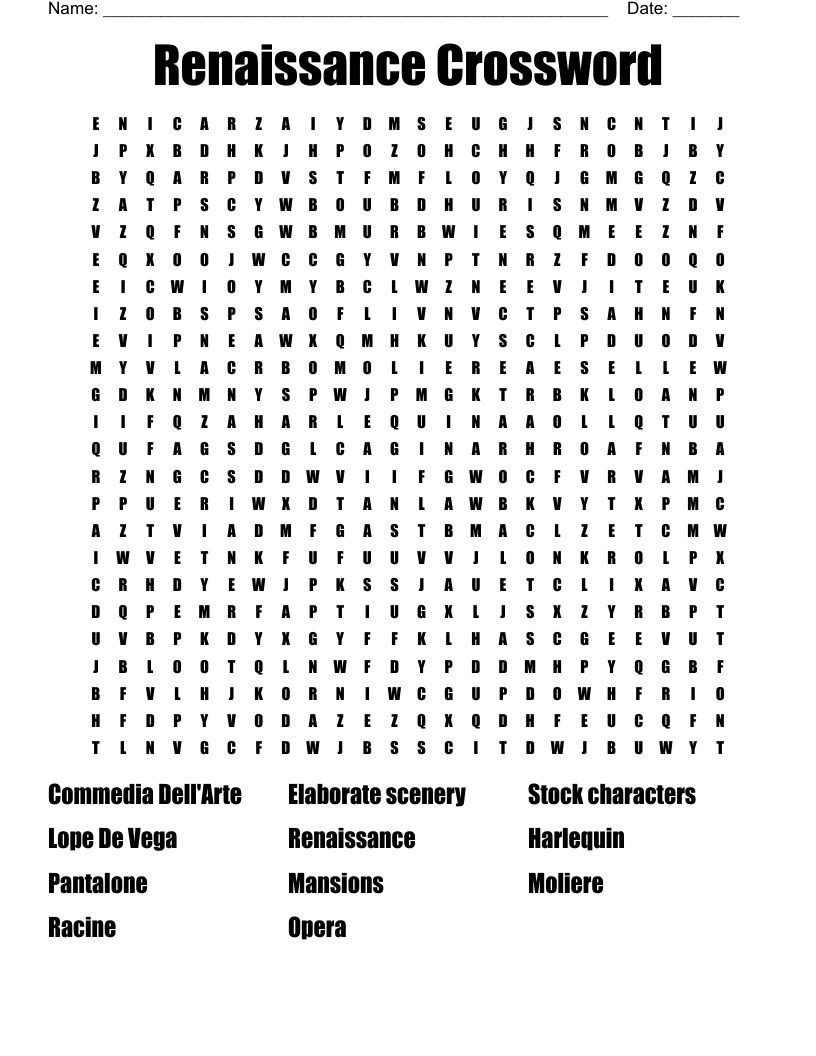 Renaissance Crossword Puzzle Printable