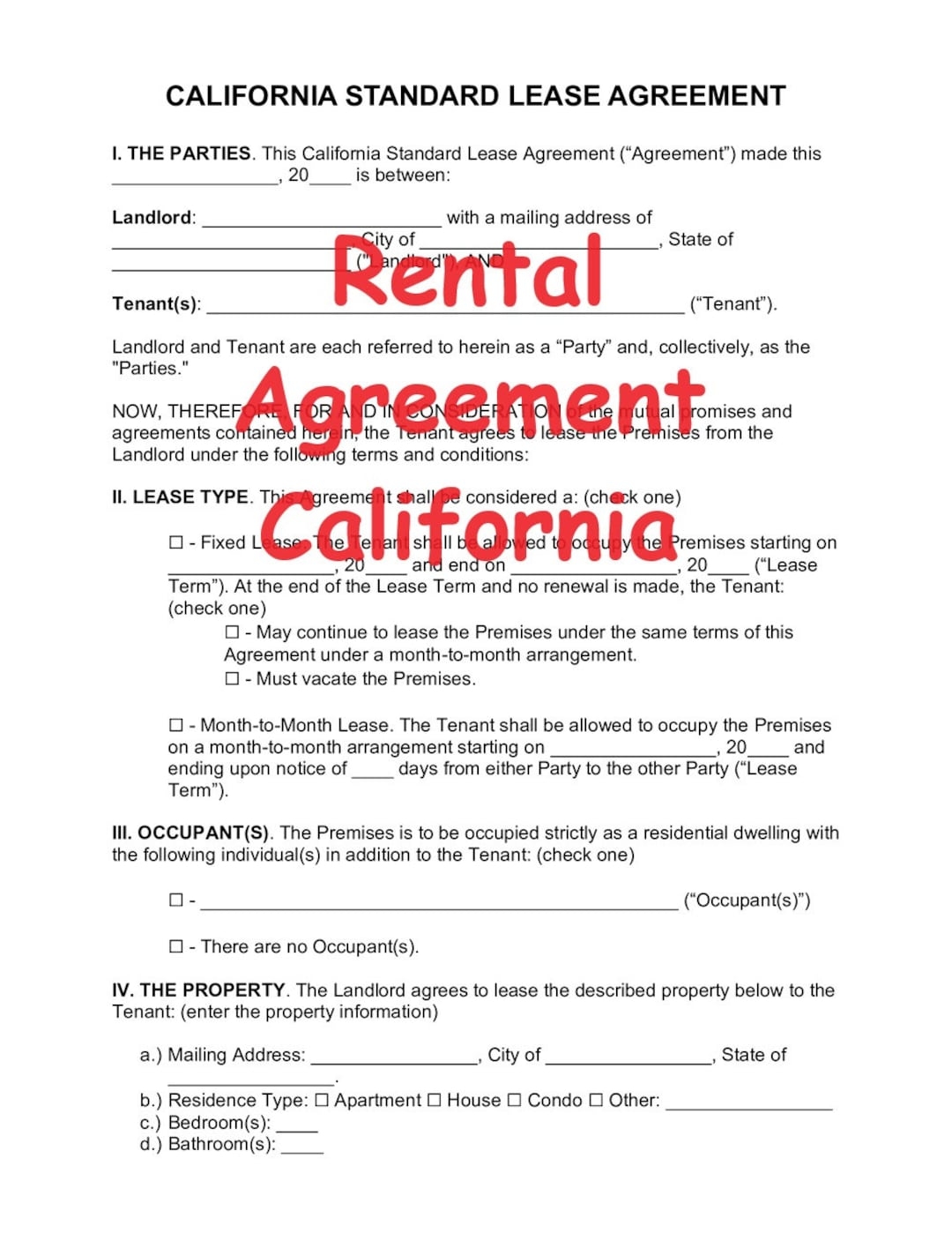 Lease Agreements Printable Ca