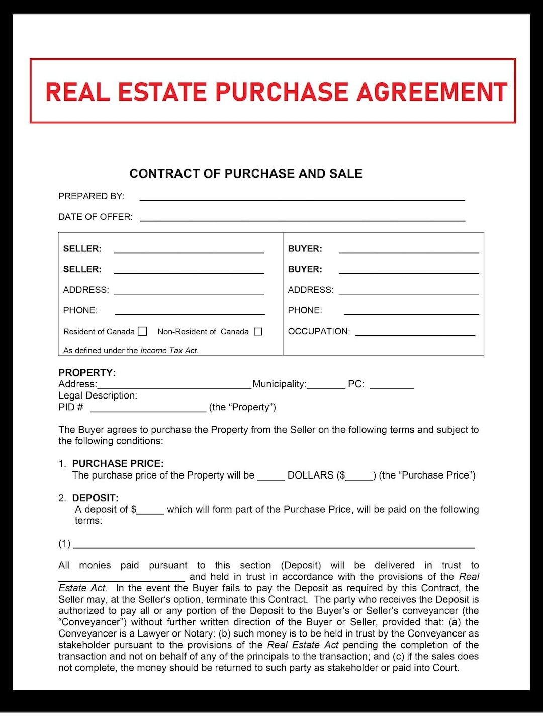 Residential Purchase Agreement Real Estate Purchase Agreement Property Purchase Agreement PDF File Instant Download Etsy