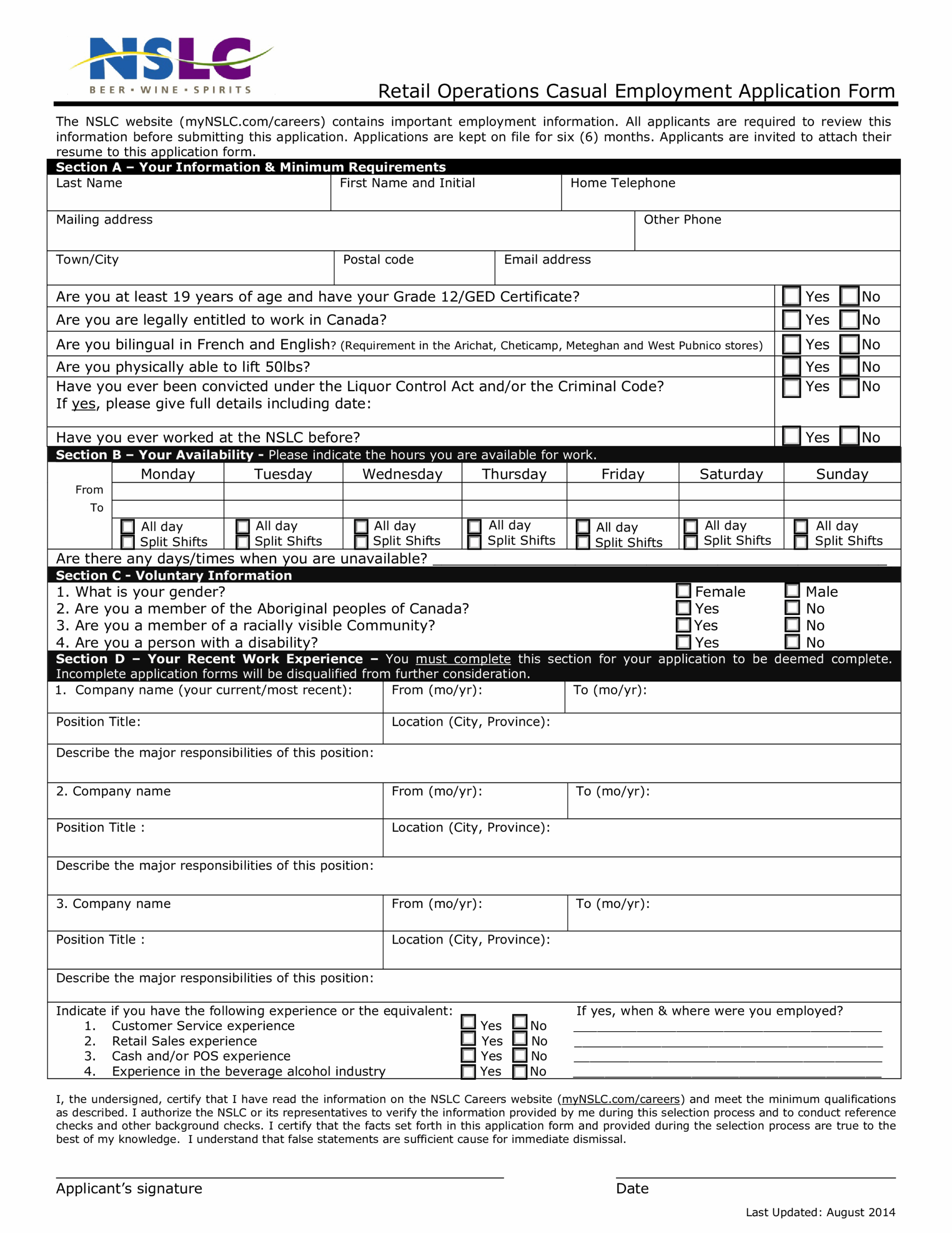 Generic Printable Employee Application Form Retail