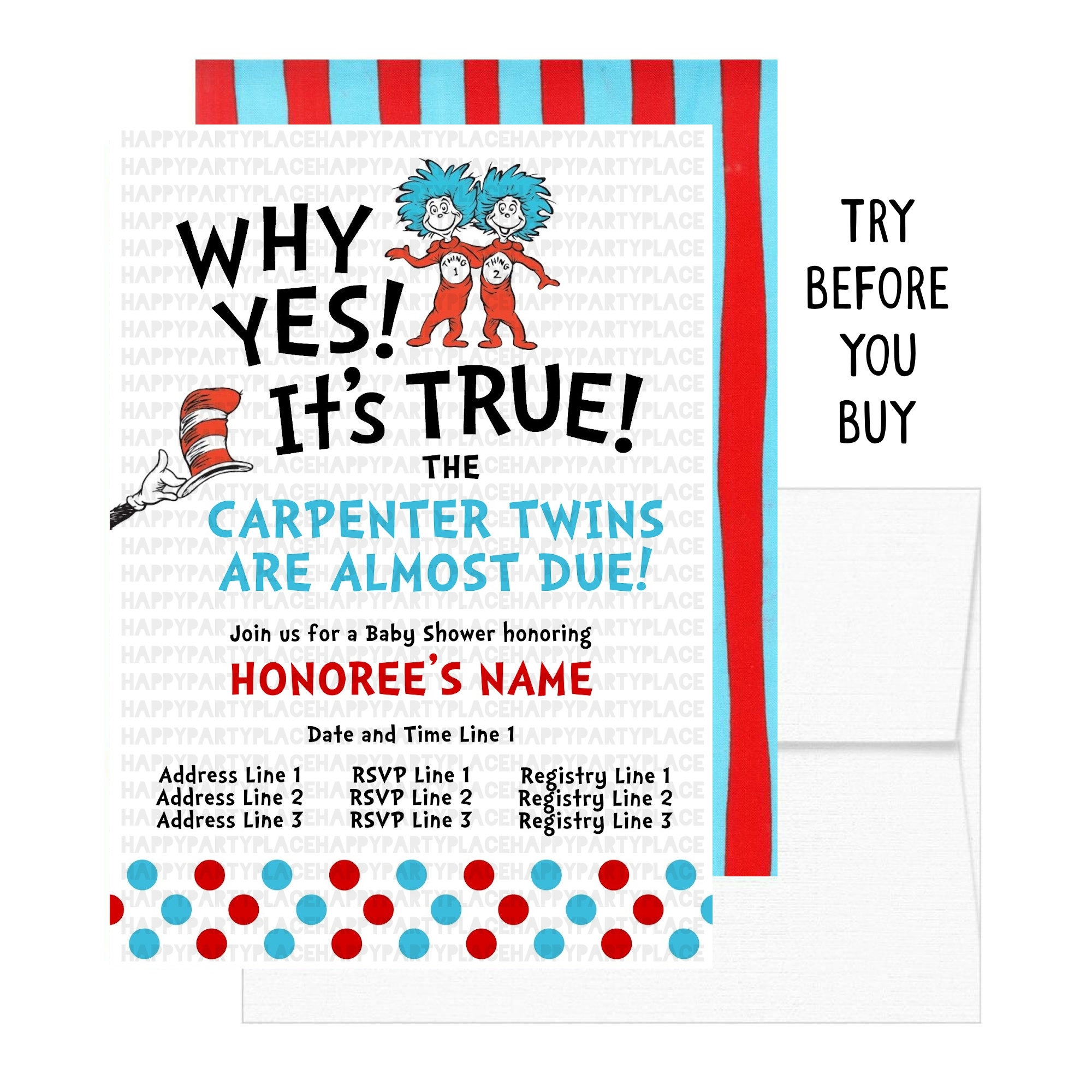 Seuss Baby Shower Invitation Thing 1 Thing 2 Baby Shower Invite Printable Seuss Twin Baby Shower Invitation DIY Seuss Baby Shower Invites Etsy