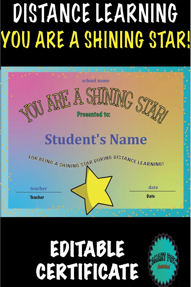 Shining Star Distance Learning Certificate Perfect For Encouragement 4 Editable Fields 