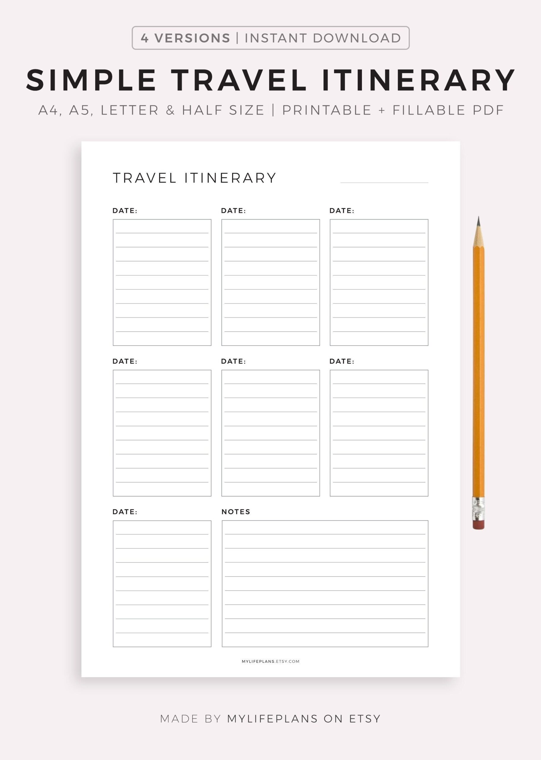 Simple Travel Itinerary Printable Travel Planner Template Vacation Planner Travel Schedule A4 a5 letter half Size Instant Download PDF Etsy