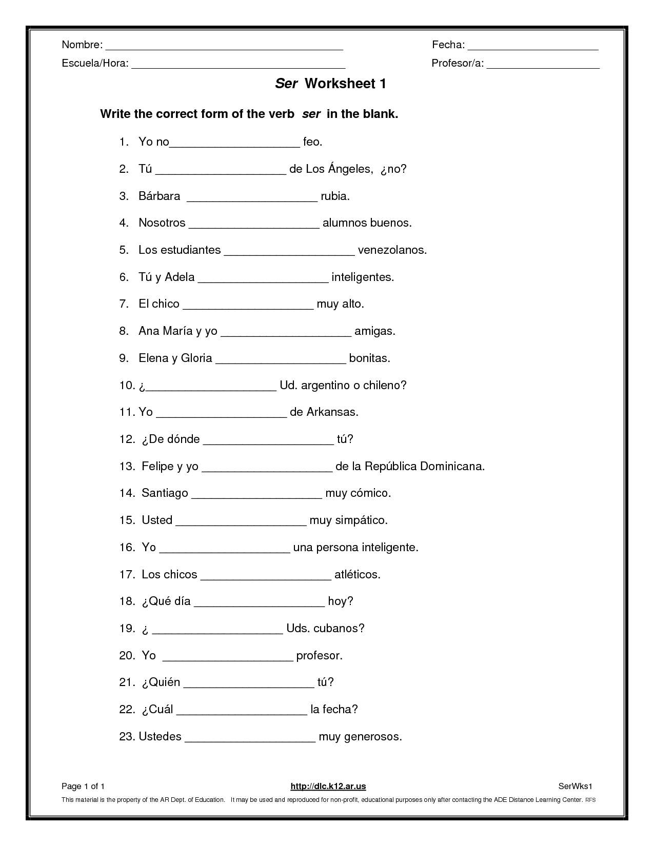 Printable Ser And Estar Worksheet