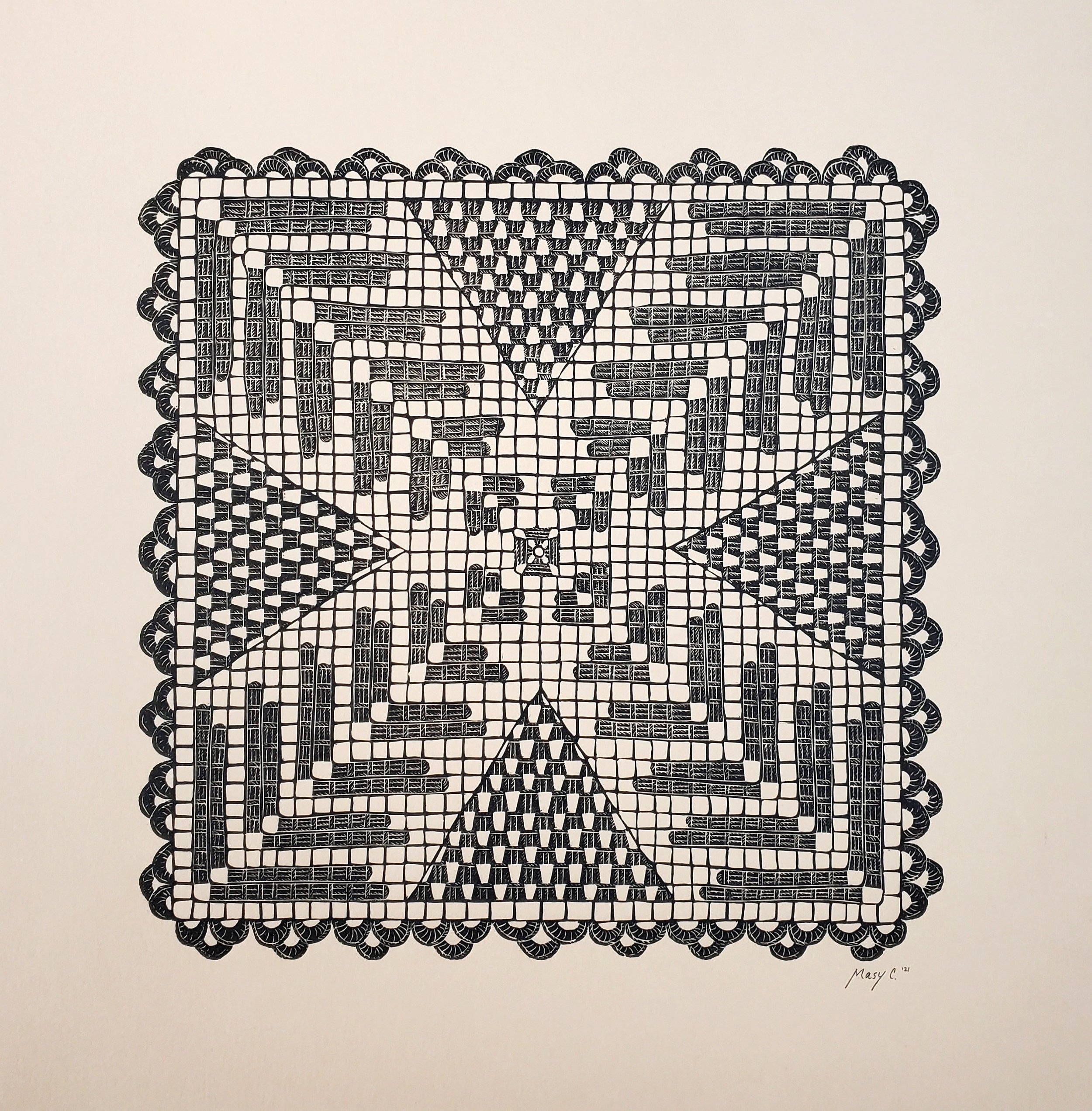 Square Crochet Doily Block Print Vintage Crochet Wall Art Neutral Pattern Wall Art