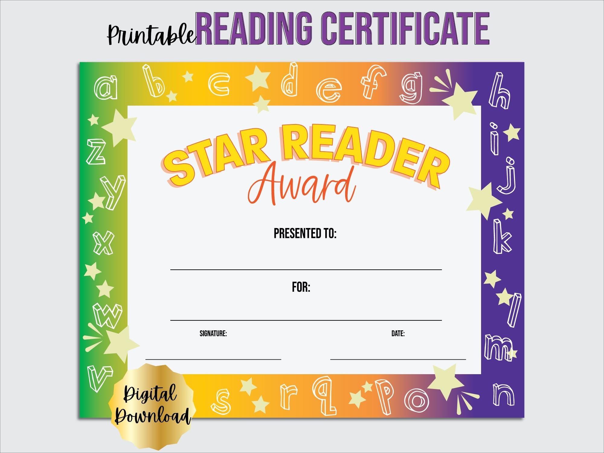 Star Reader Certificate Template Reading Award Of Recognition Classroom Award End Of The Year Award Reader Of The Month Etsy