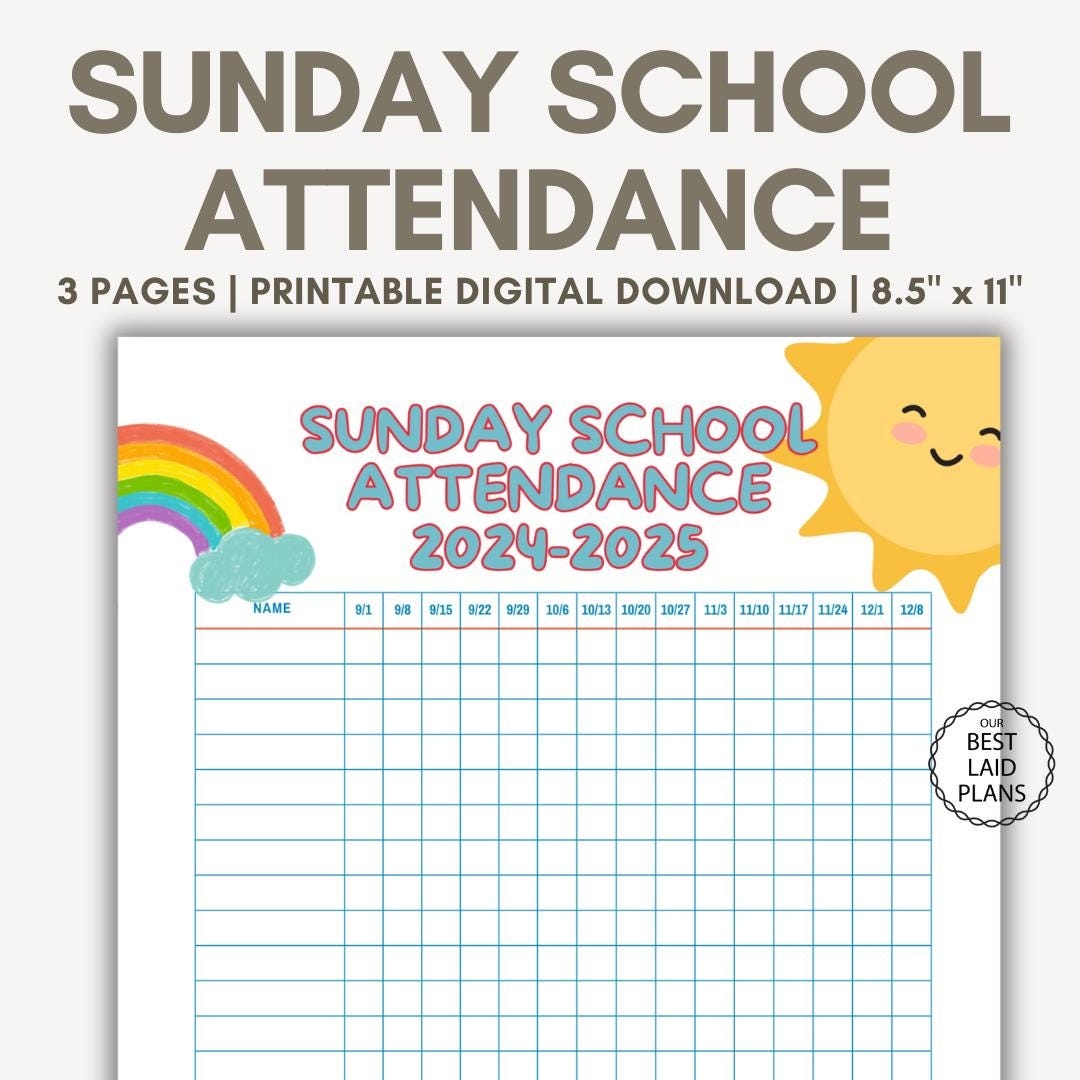 Sunday School Attendance Chart Printable PDF Sunday School Attendance Sheet Digital Download Sunday School Materials Attendance Template Etsy