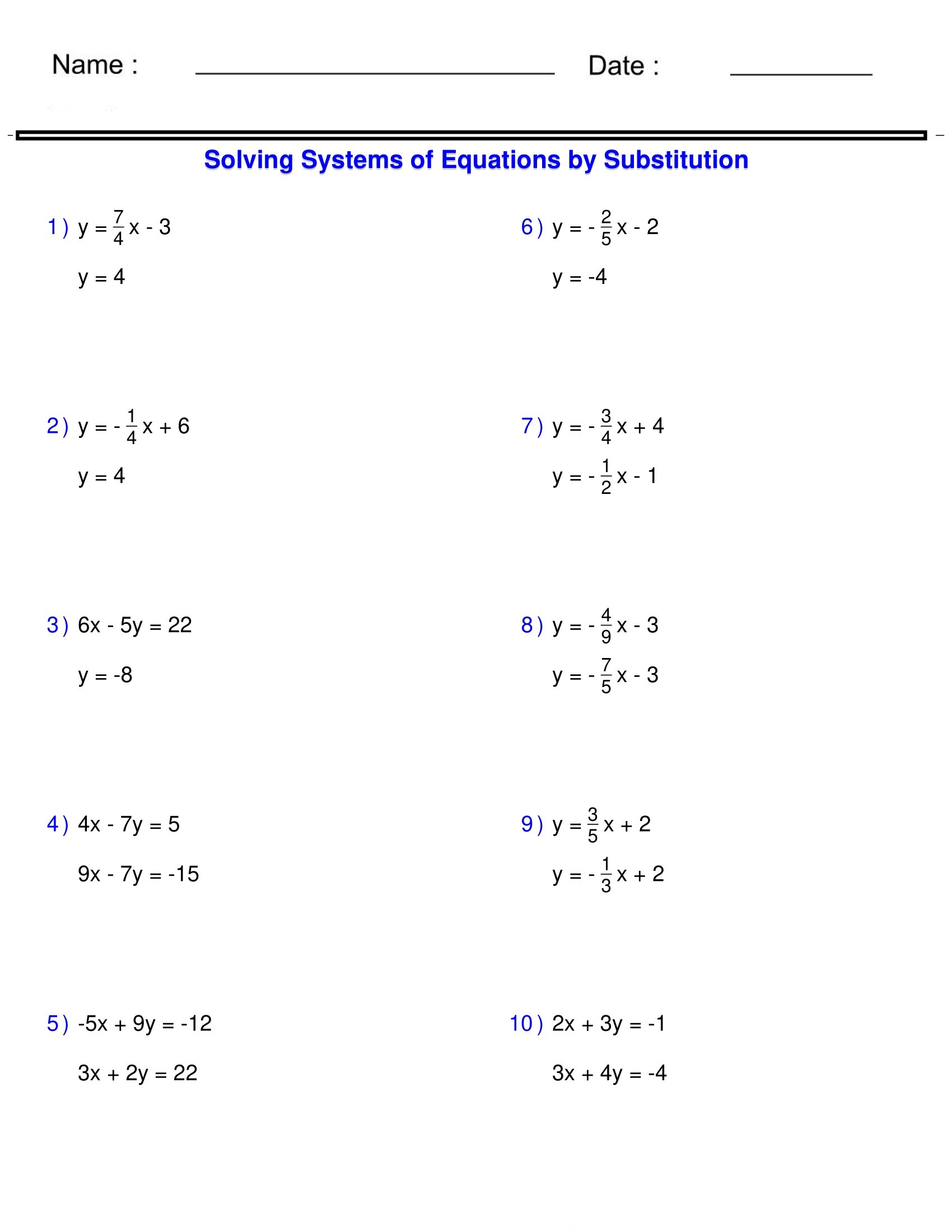 Systems Of Equations Solving Two Variable Systems Of Equations By Substitution Worksheets Library
