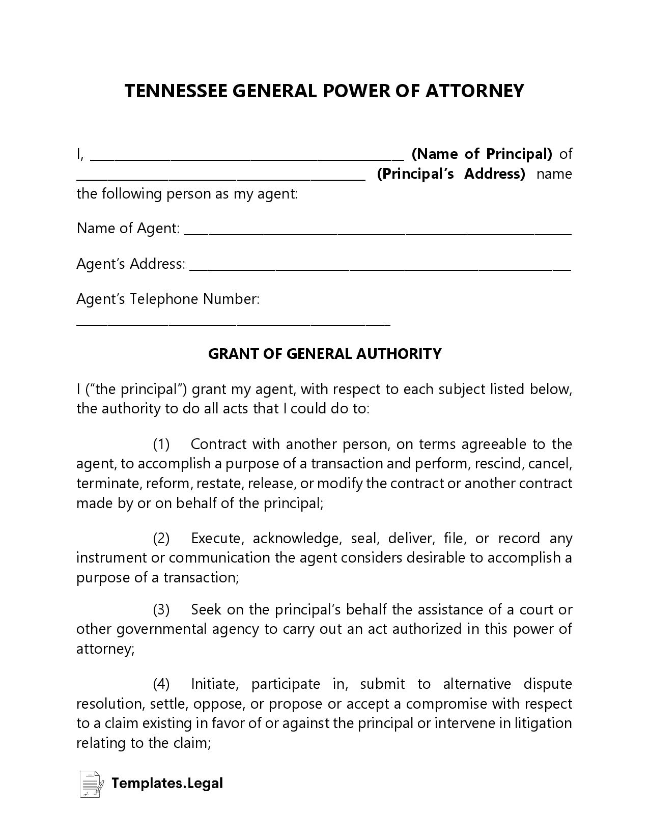Tennessee Power Of Attorney Templates Free Word PDF ODT 