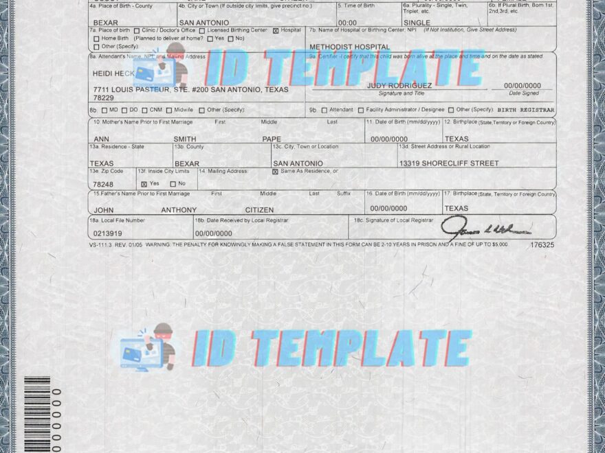 Texas State Birth Certificate PSD Template Texas State Birth Certificate