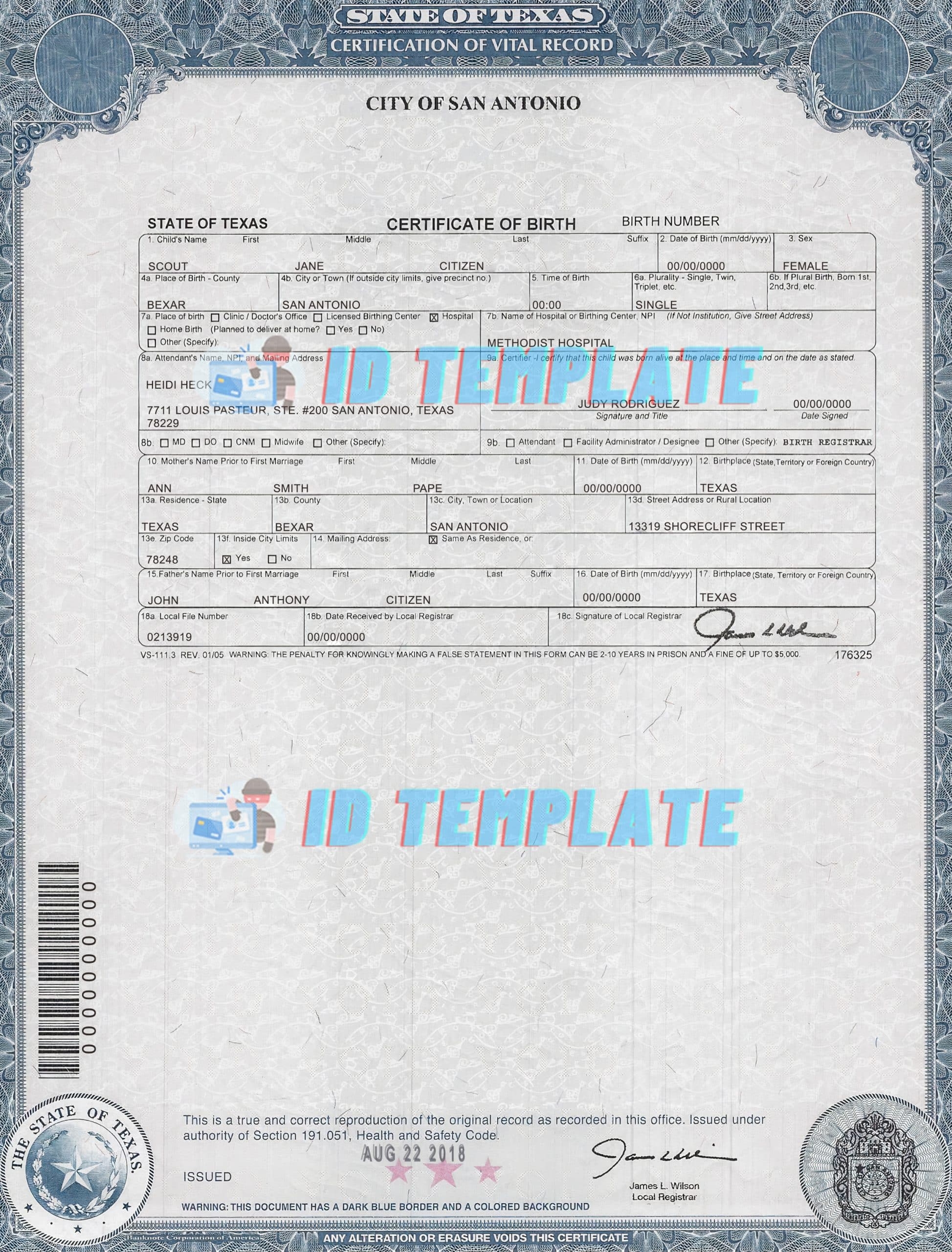 Texas State Birth Certificate PSD Template Texas State Birth Certificate