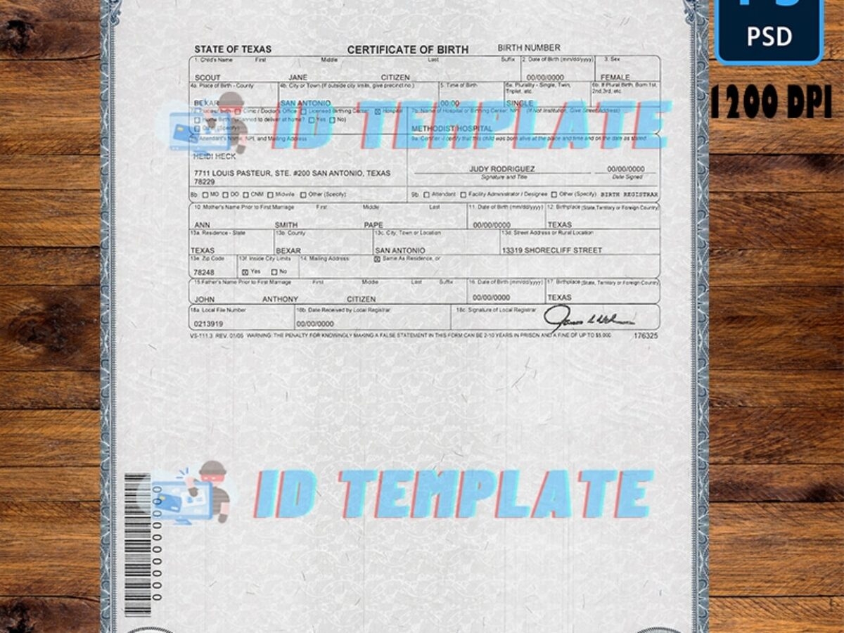 Texas State Birth Certificate PSD Template