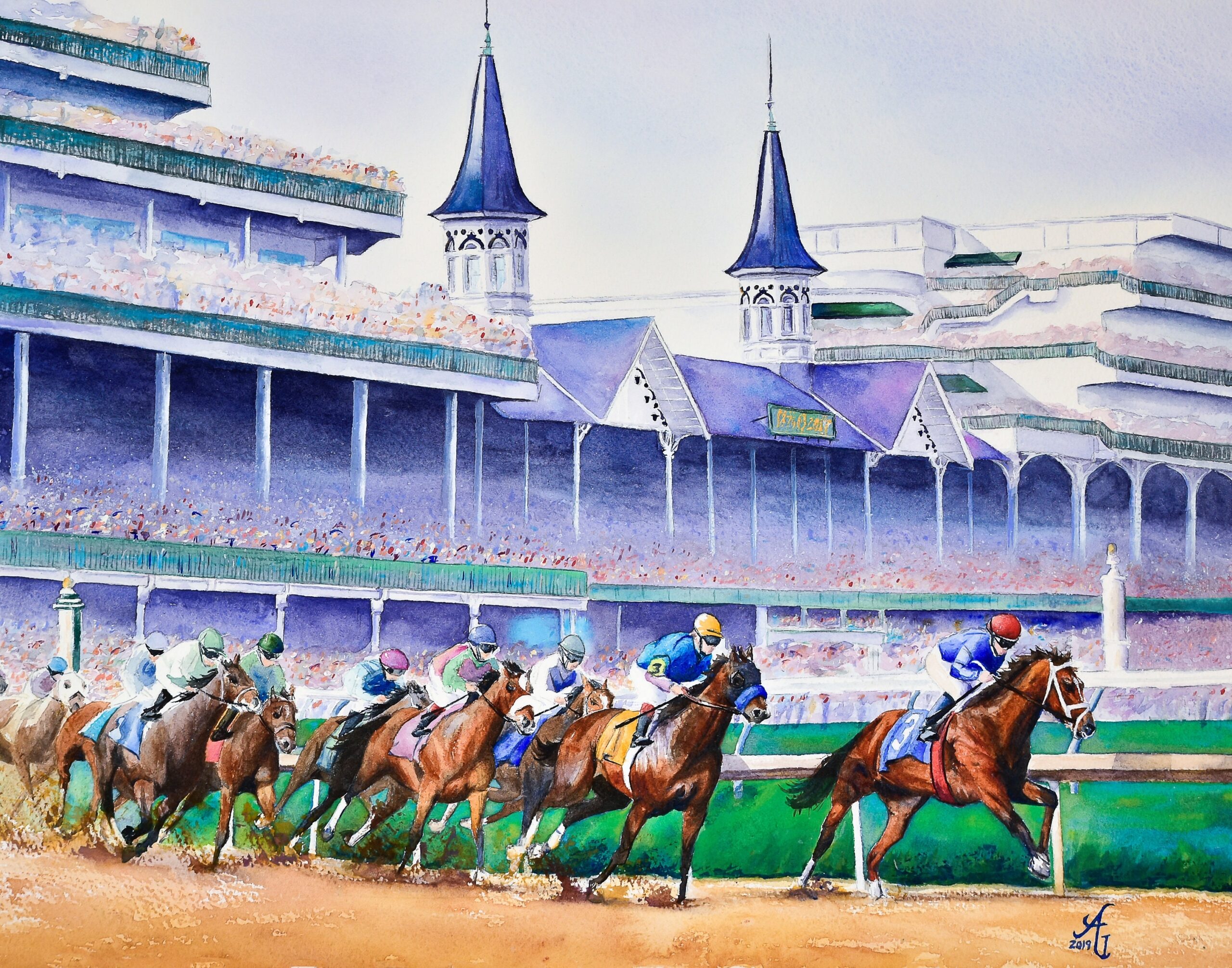 The Kentucky Derby At Churchill Downs First Turn Horse Racing Art Print Etsy Singapore