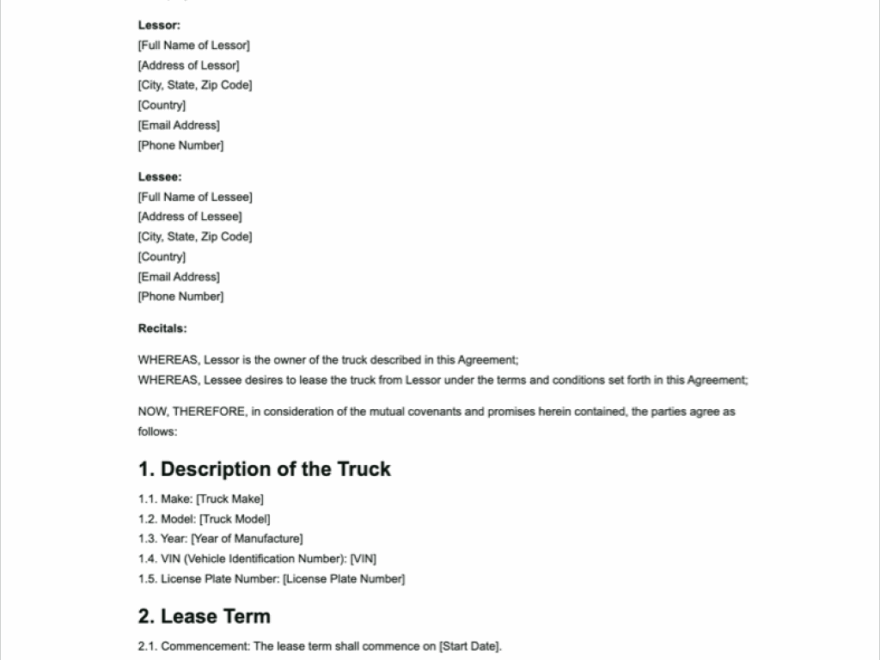 Truck Lease Agreement Template Free To Use