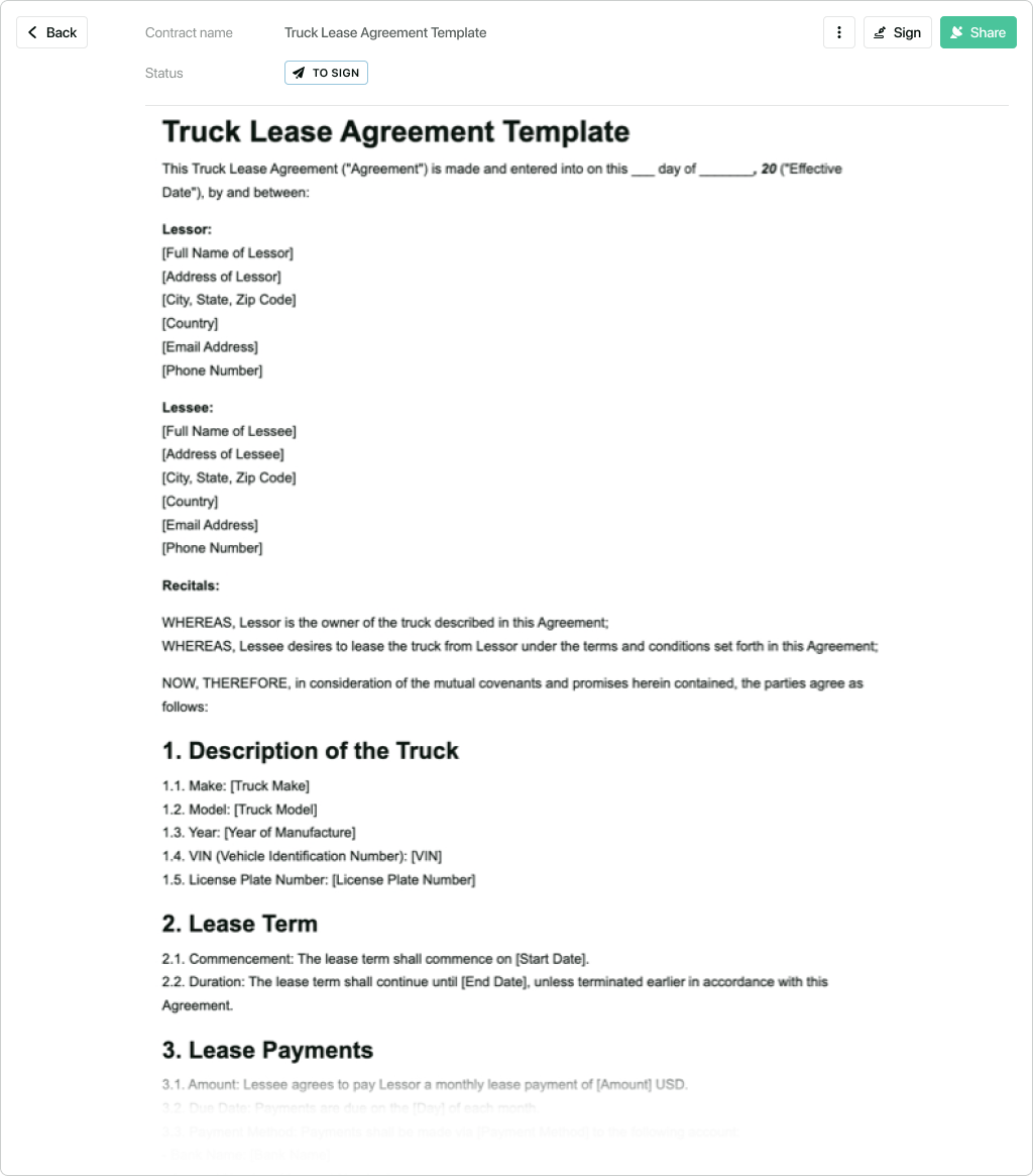 Truck Lease Agreement Template Free To Use