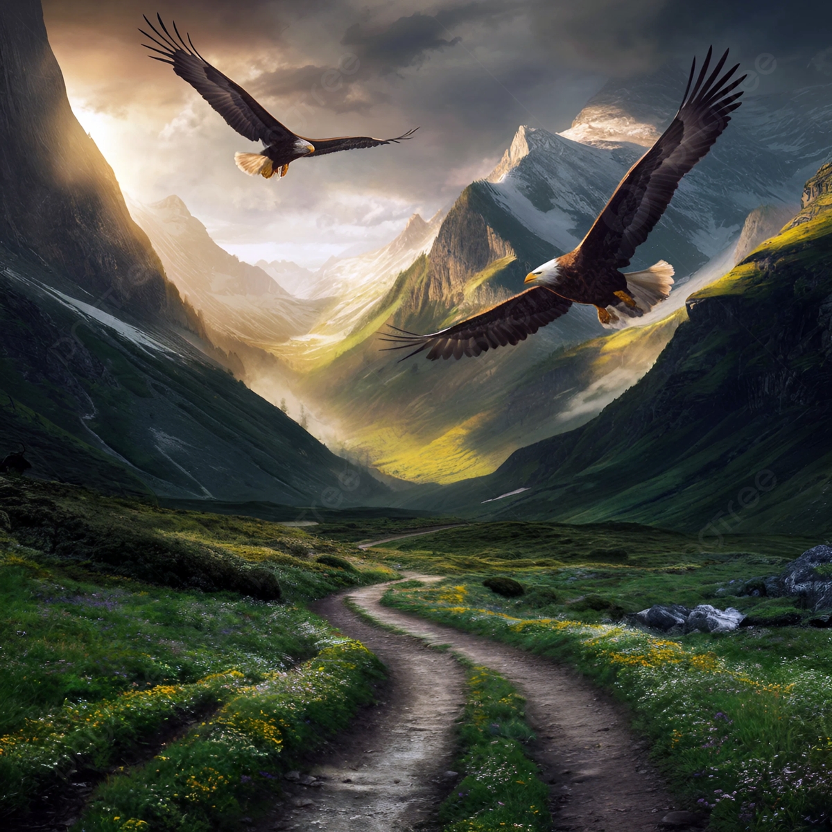 Two Bald Eagles Flying Over A Lush Green Mountain Valley With Sunlight Streaming Through The Clouds Background Verdant Valley With Eagles Cinematic Mountain Landscape Background Image And Wallpaper For Free Download