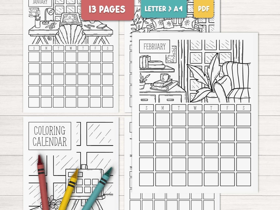 Undated Monthly Calendar Printable Coloring Calendar Coloring Planner House Coloring Pages For Adults Room Coloring Book Etsy