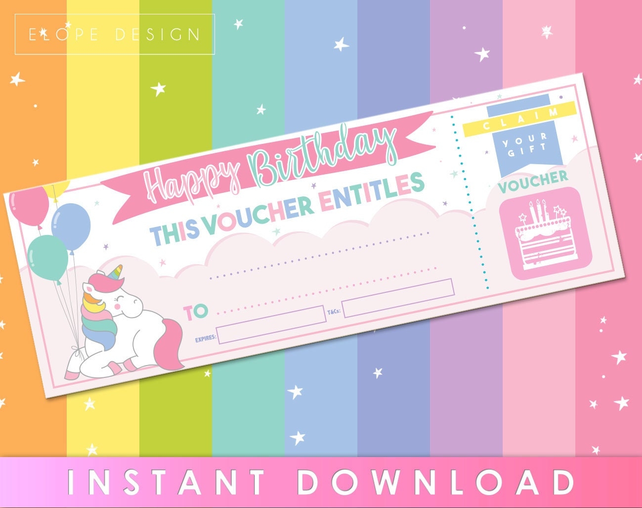 Unicorn Gift Voucher Blank Coupon Girls Birthday Day Gift Present Last Minute Gift Instant Download Printable Etsy