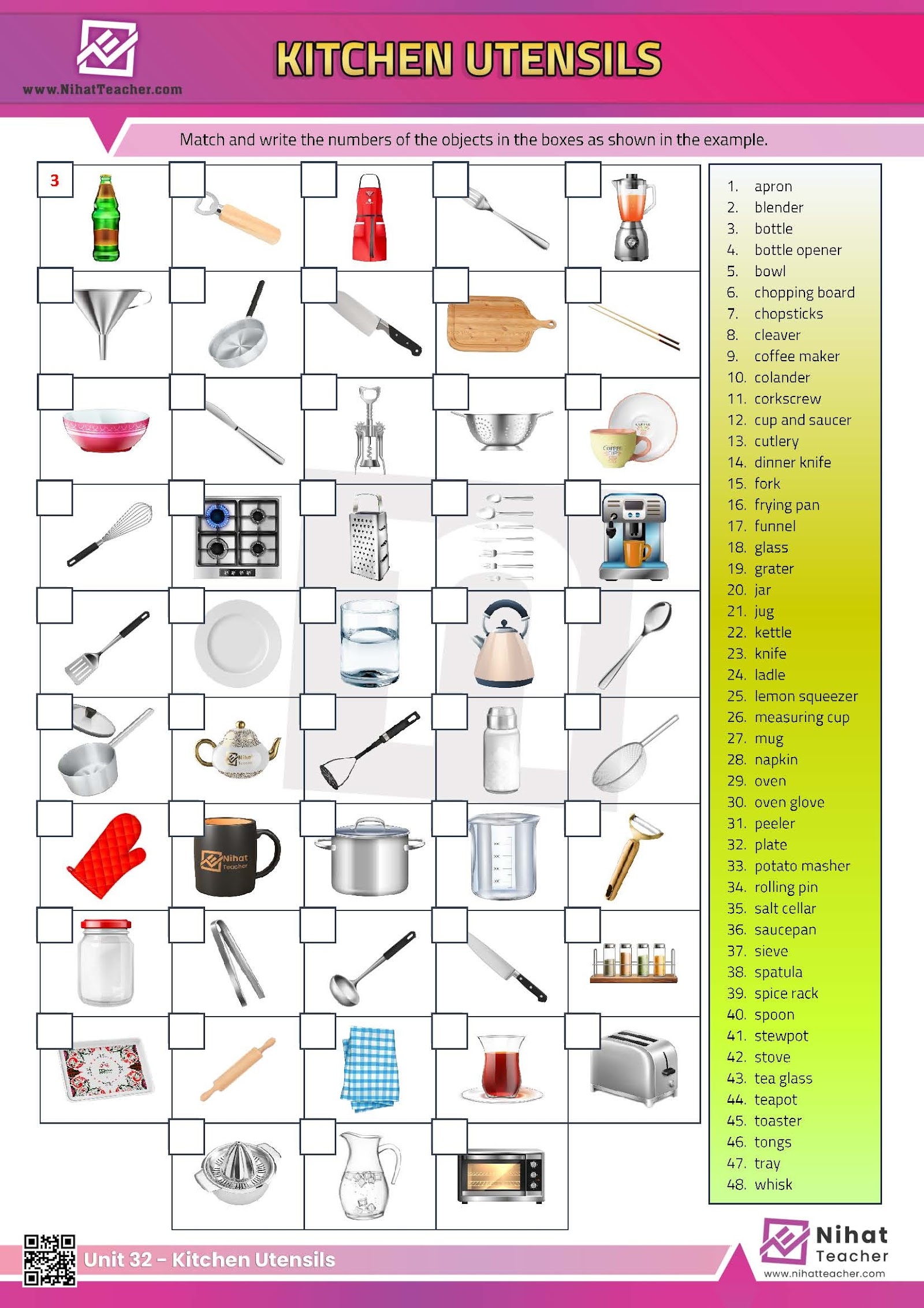 Unit 32 Kitchen Utensils Worksheet 1 Free English Learning And Teaching Resources Free PDF Worksheets And Multiple Choice Tests 