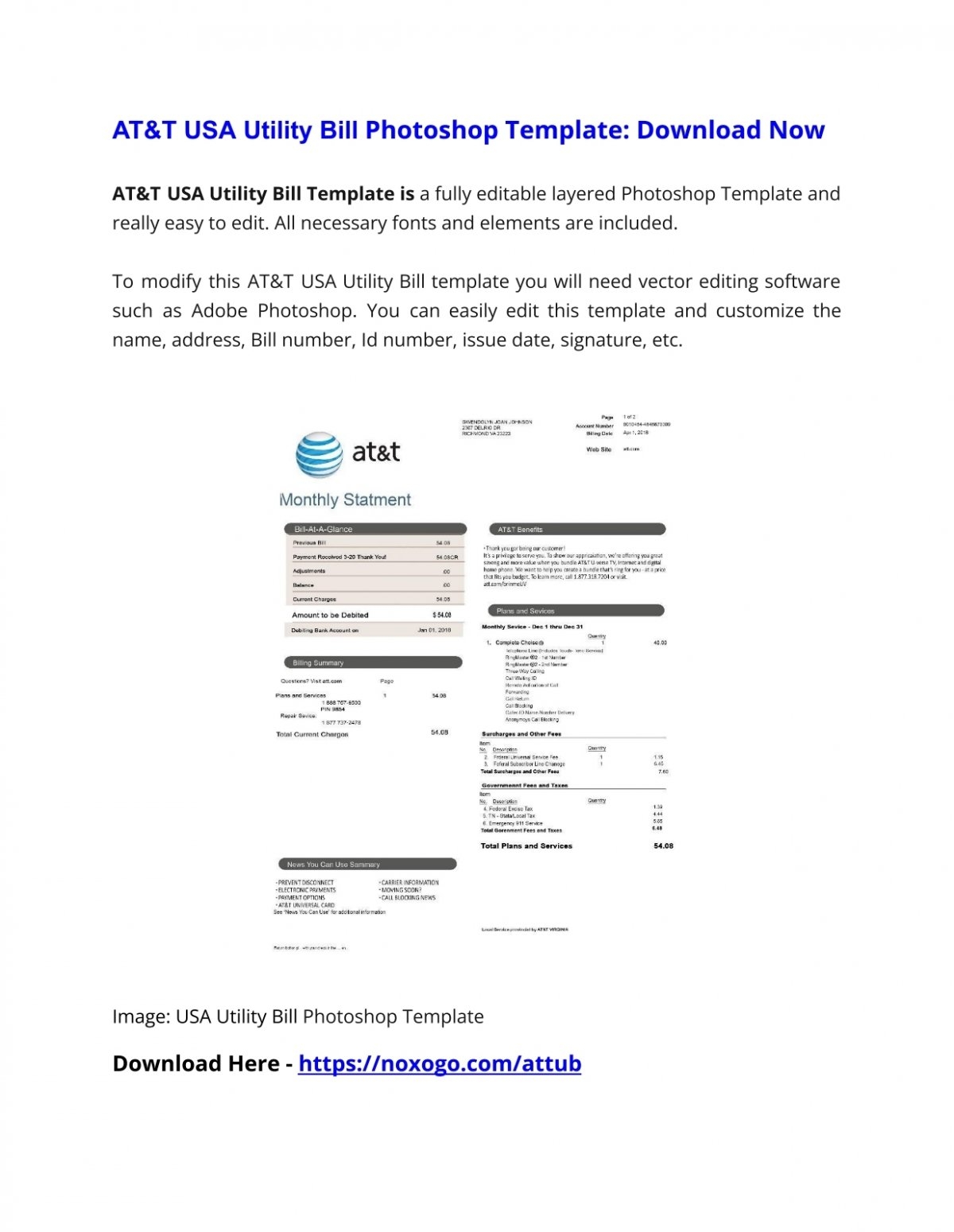 USA AT T Utility Bill Template Proof Of Address
