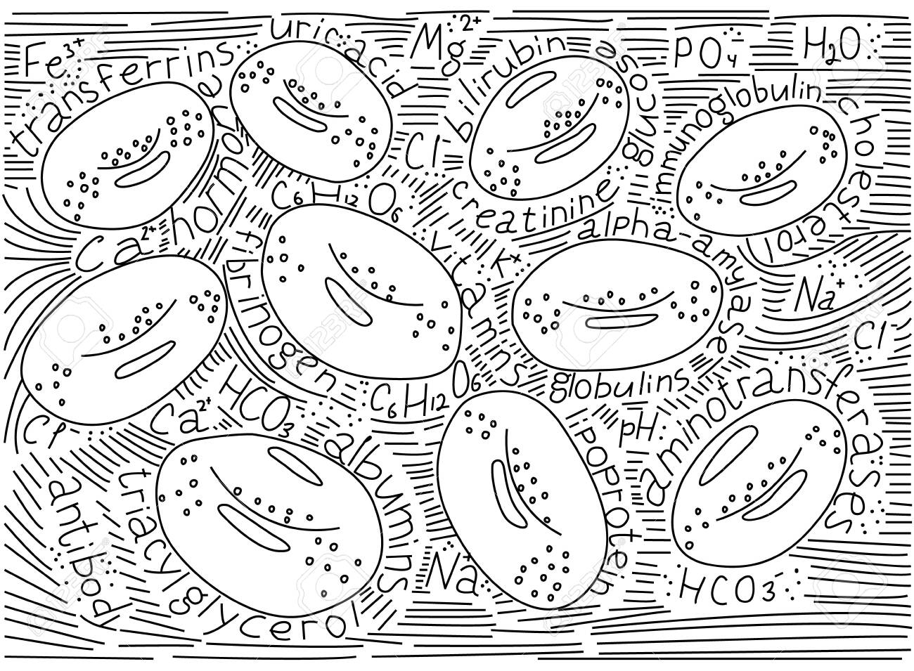 Vector Flat Illustration With Doodles In Form Of Red Blood Cell Elements And Lettering Around With Names Of Plasma Components Concept Hematology Laboratory Diagnostics And Donation Royalty Free SVG Cliparts Vectors And