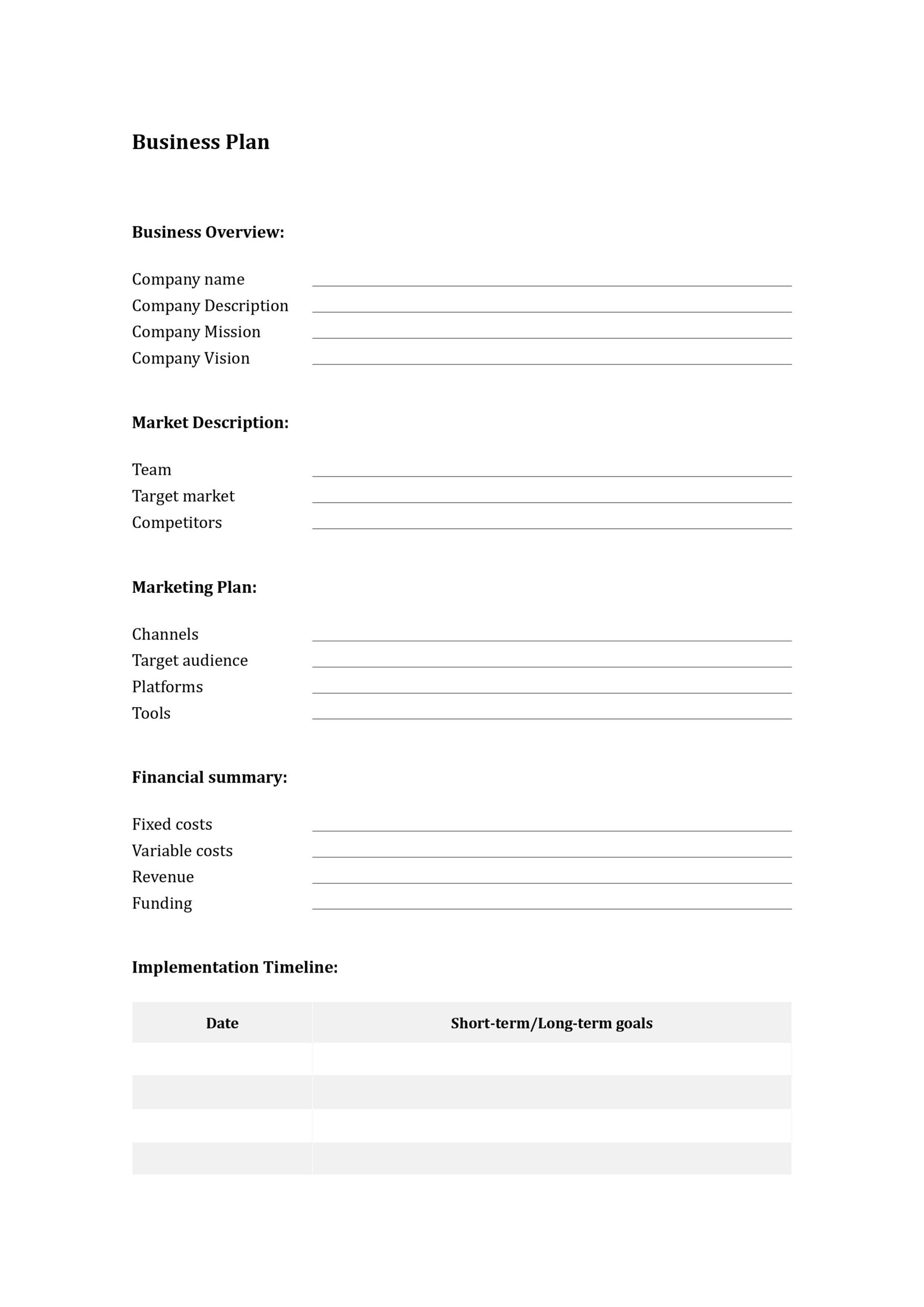 Free Printable Business Plan Worksheet