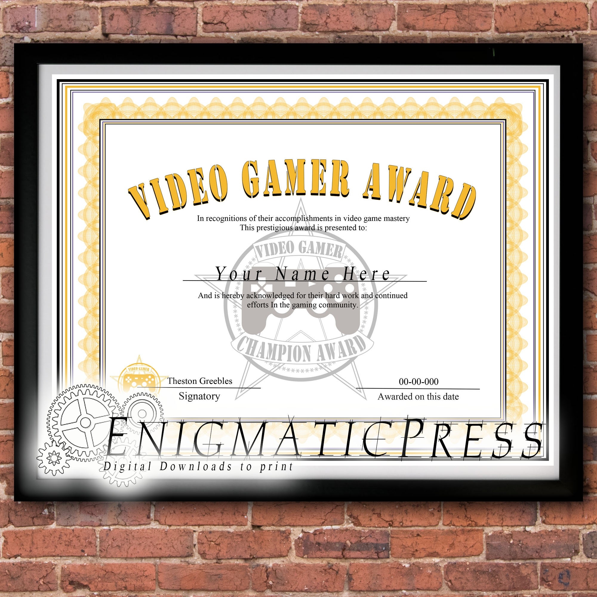 Video Gamer Awards Style Certificate Editable PDF Home Printable Digital Download Etsy