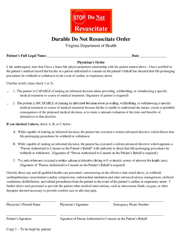 Virginia Do Not Resuscitate Fill Out Sign Online DocHub