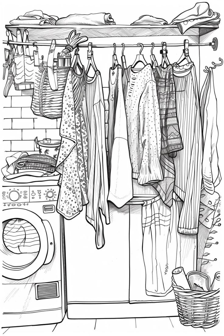 Washed Clothes Hanging On The Dryer With Clothespins Free Printable Coloring Page
