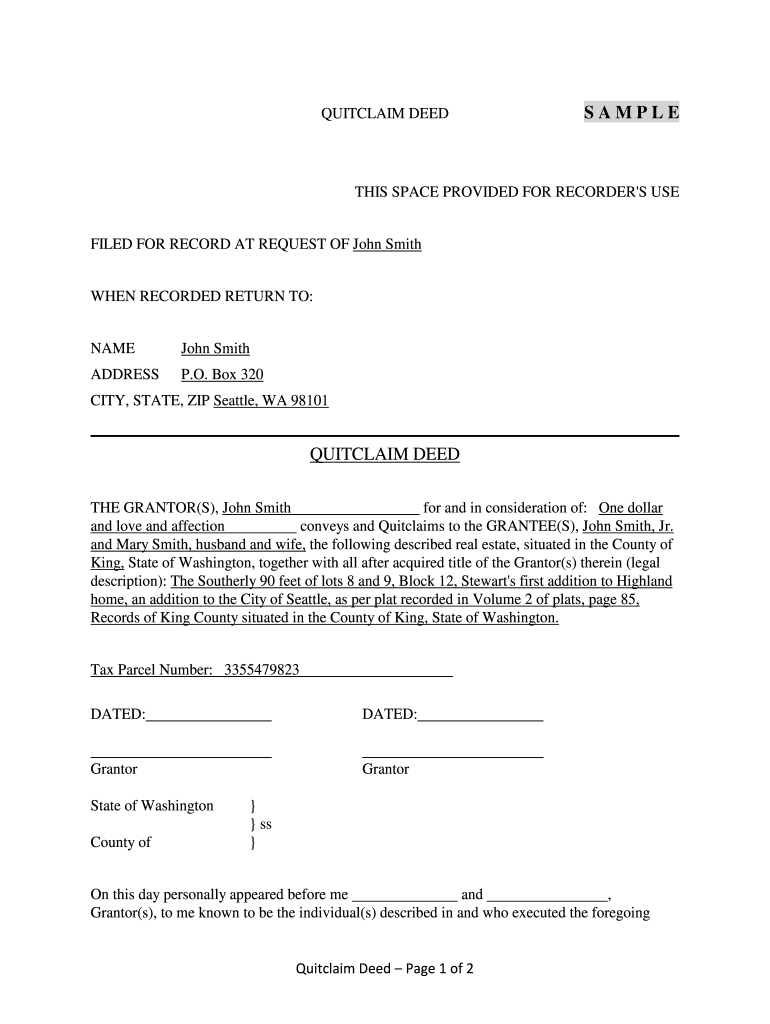 Washington Quit Claim Deed Fill Online Printable Fillable Blank PdfFiller