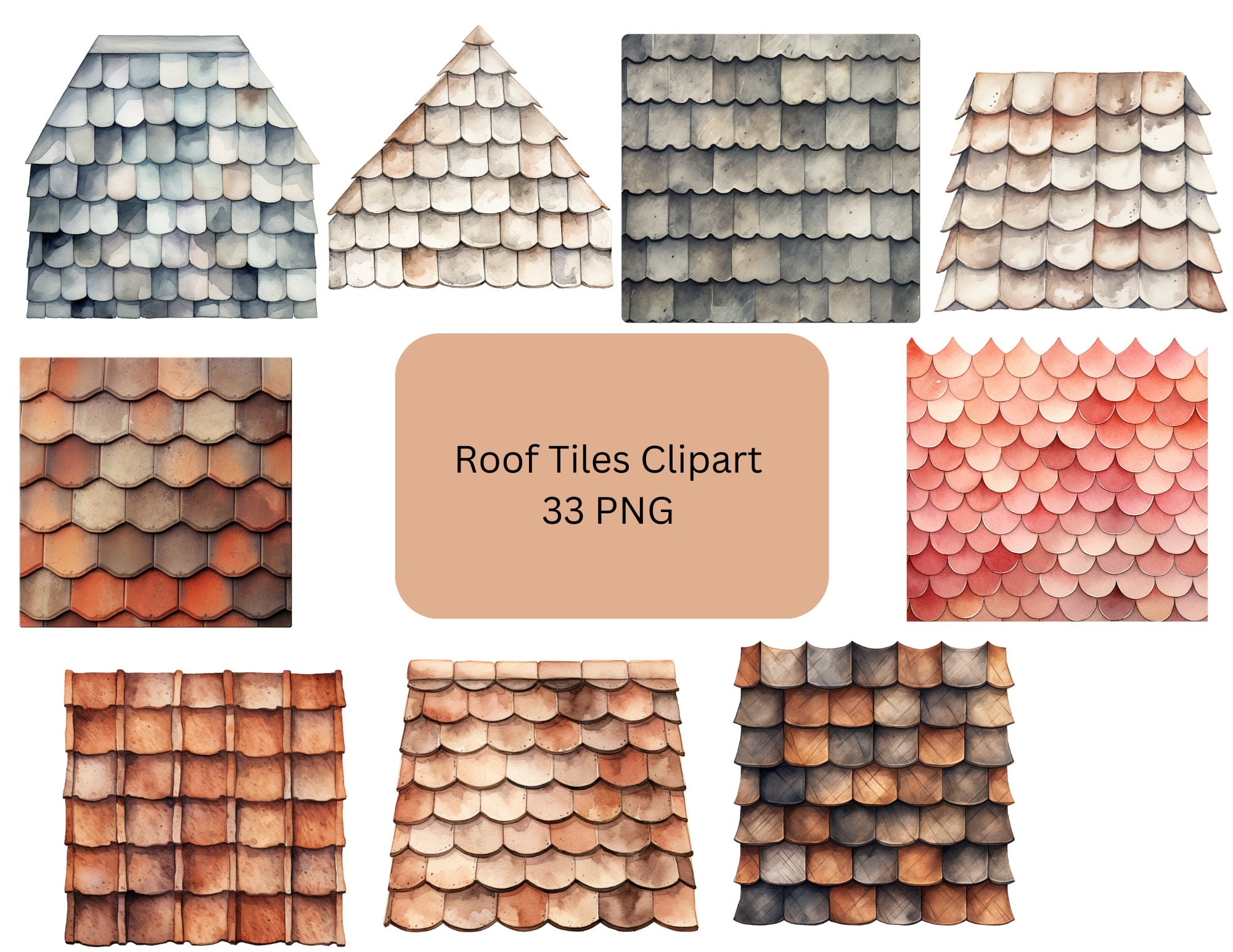 Watercolor Roof Tiles Clipart PNG Digital Files On A Transparent Background Commercial Use Instant Download Etsy Israel