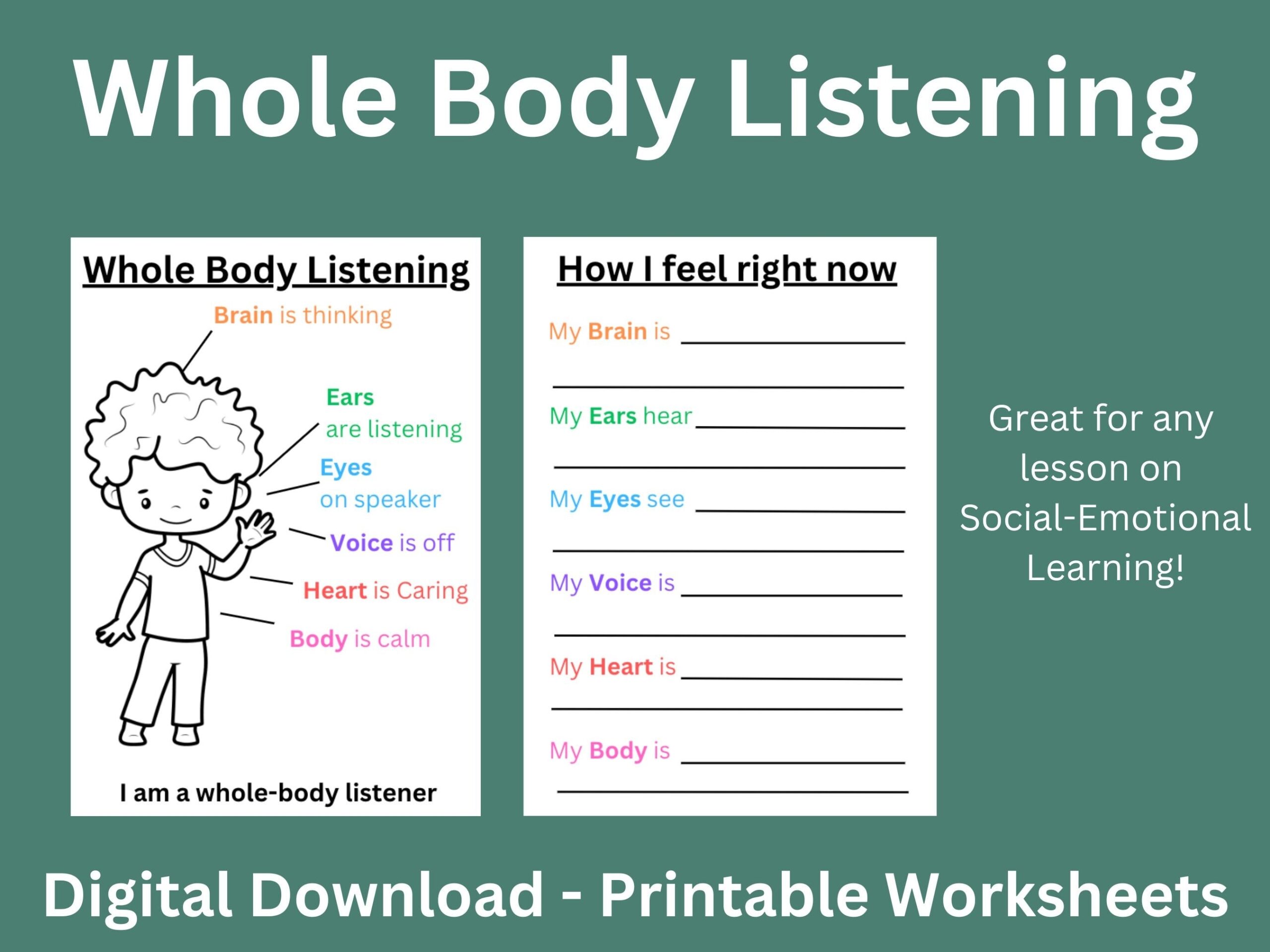 Whole Body Listening Printable Worksheet For Children Etsy
