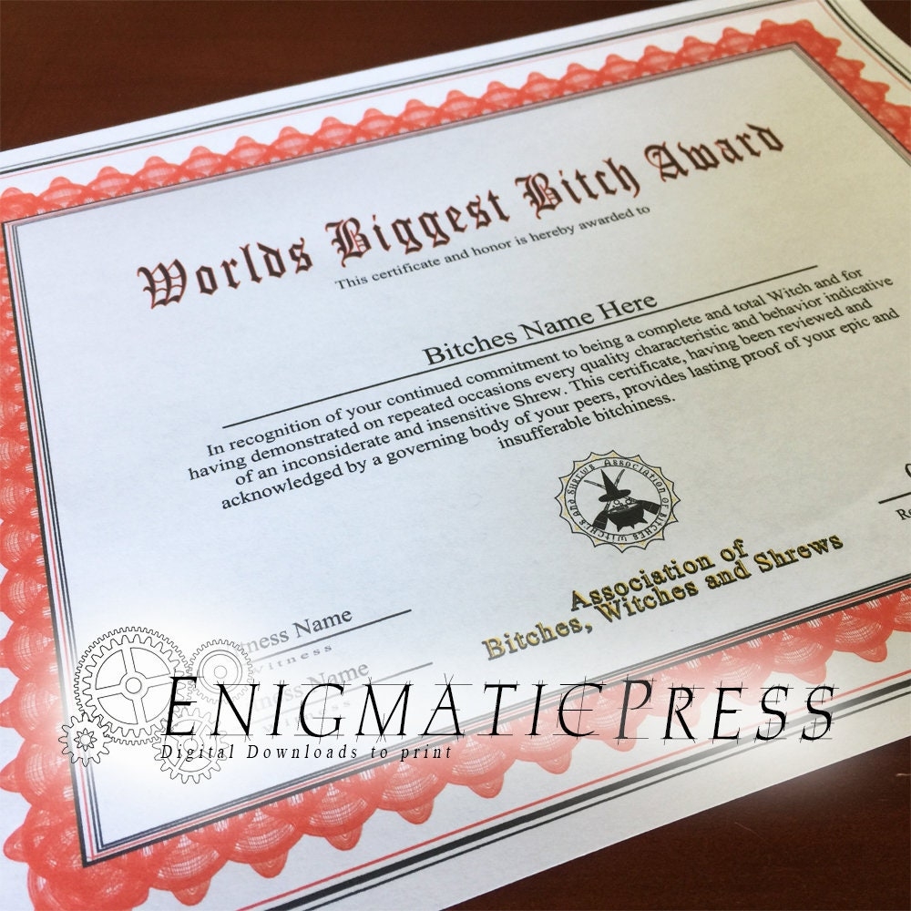 Worlds Biggest Bitch Award Certificate With Editable Text Home Printable Digital Download Pdf Etsy