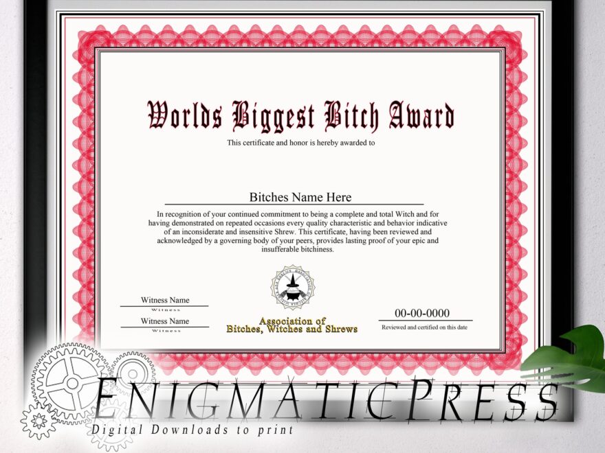 Worlds Biggest Bitch Award Certificate With Editable Text Home Printable Digital Download Pdf Etsy