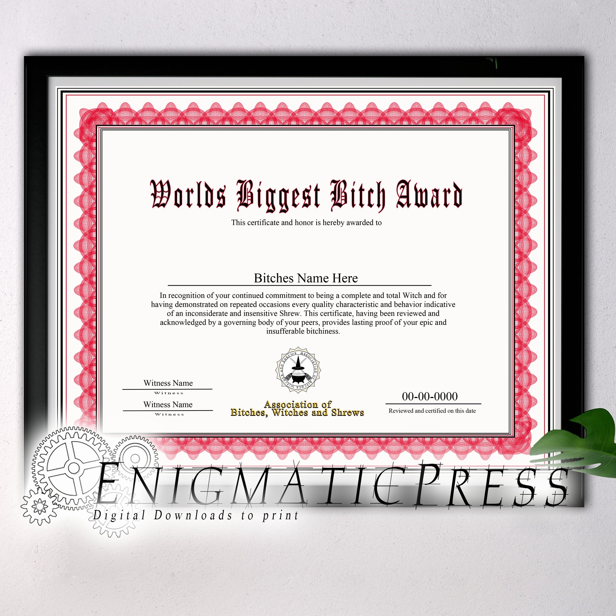 Worlds Biggest Bitch Award Certificate With Editable Text Home Printable Digital Download Pdf Etsy