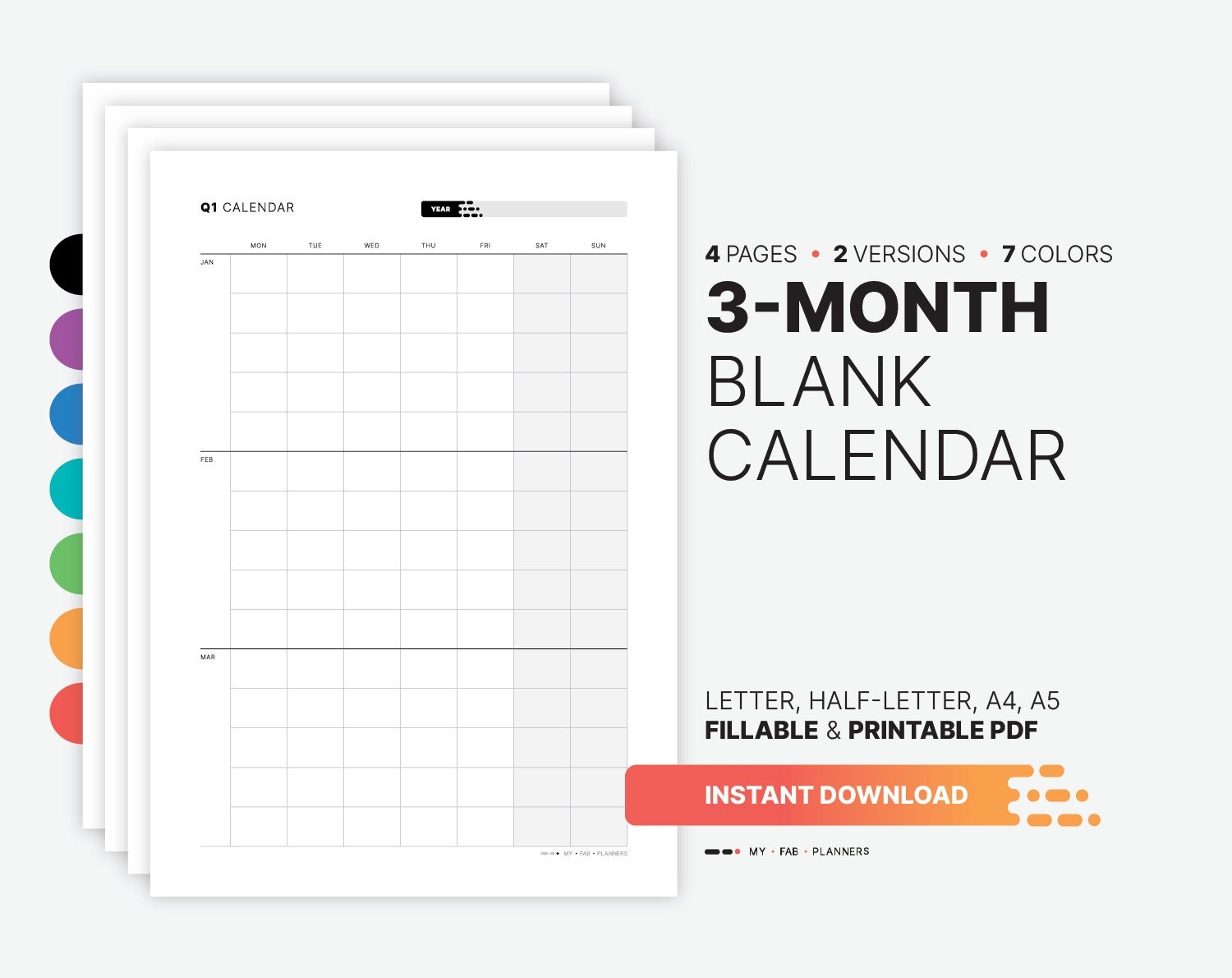 Printable 3 Month Calendar