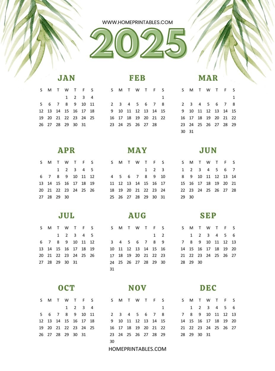 Printable Calendar Full Year One Page 2025