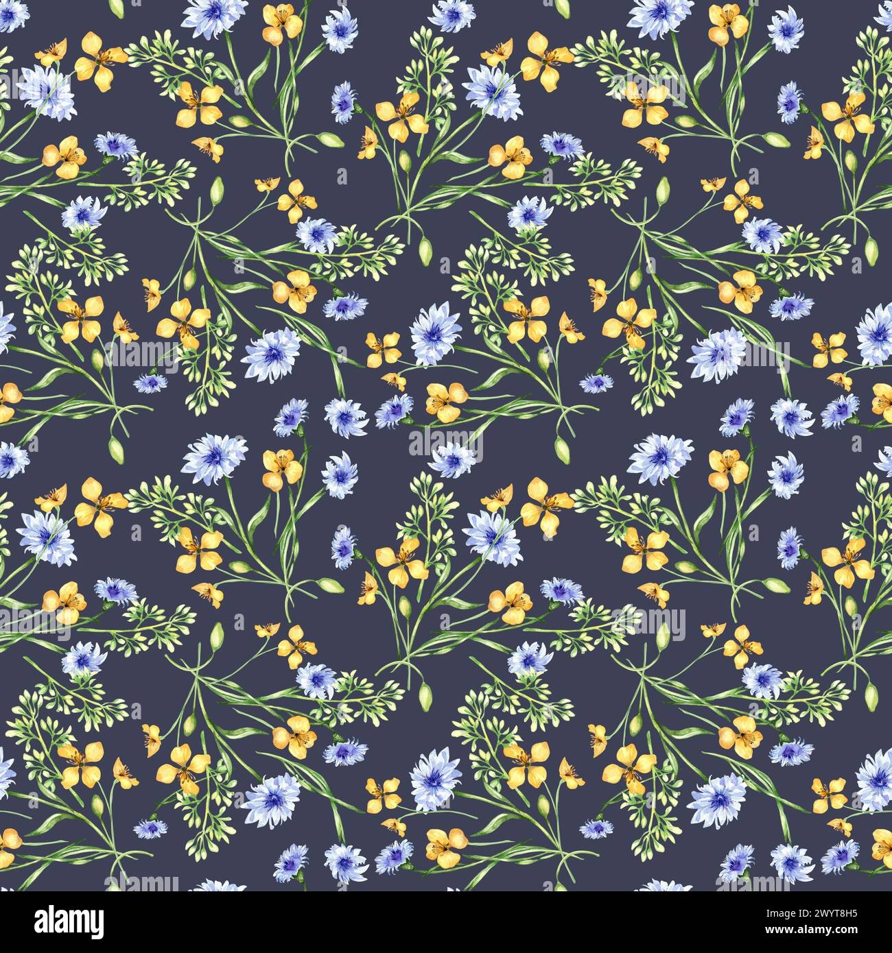 Yellow Blue Meadow Flowers In Watercolor Seamless Pattern Isolated On Dark Celandine And Cornflower In Sketch Medicinal Plant Useful Floral Print Stock Photo Alamy