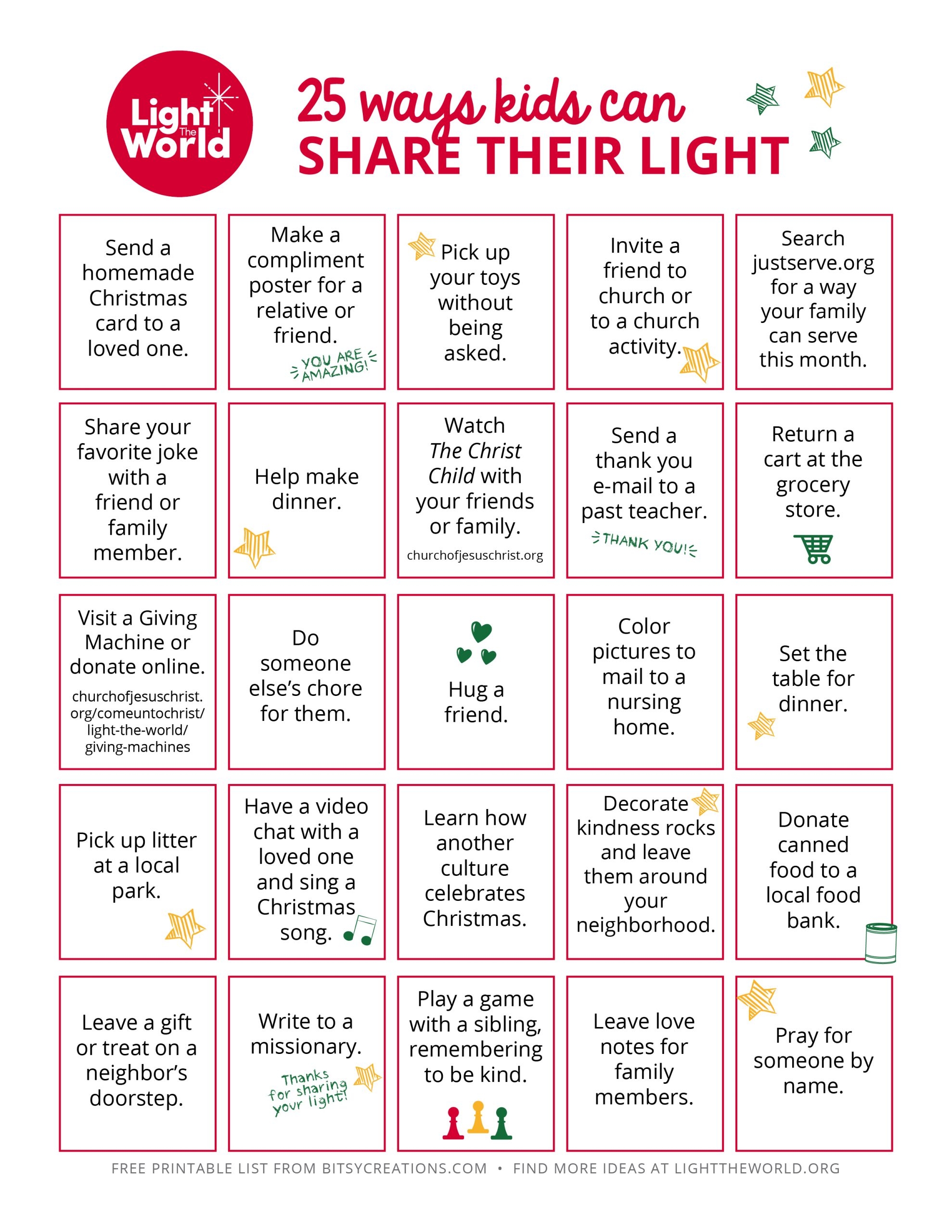 25 Ways Kids Can Share Their Light Free Printable List For Light The World 2022